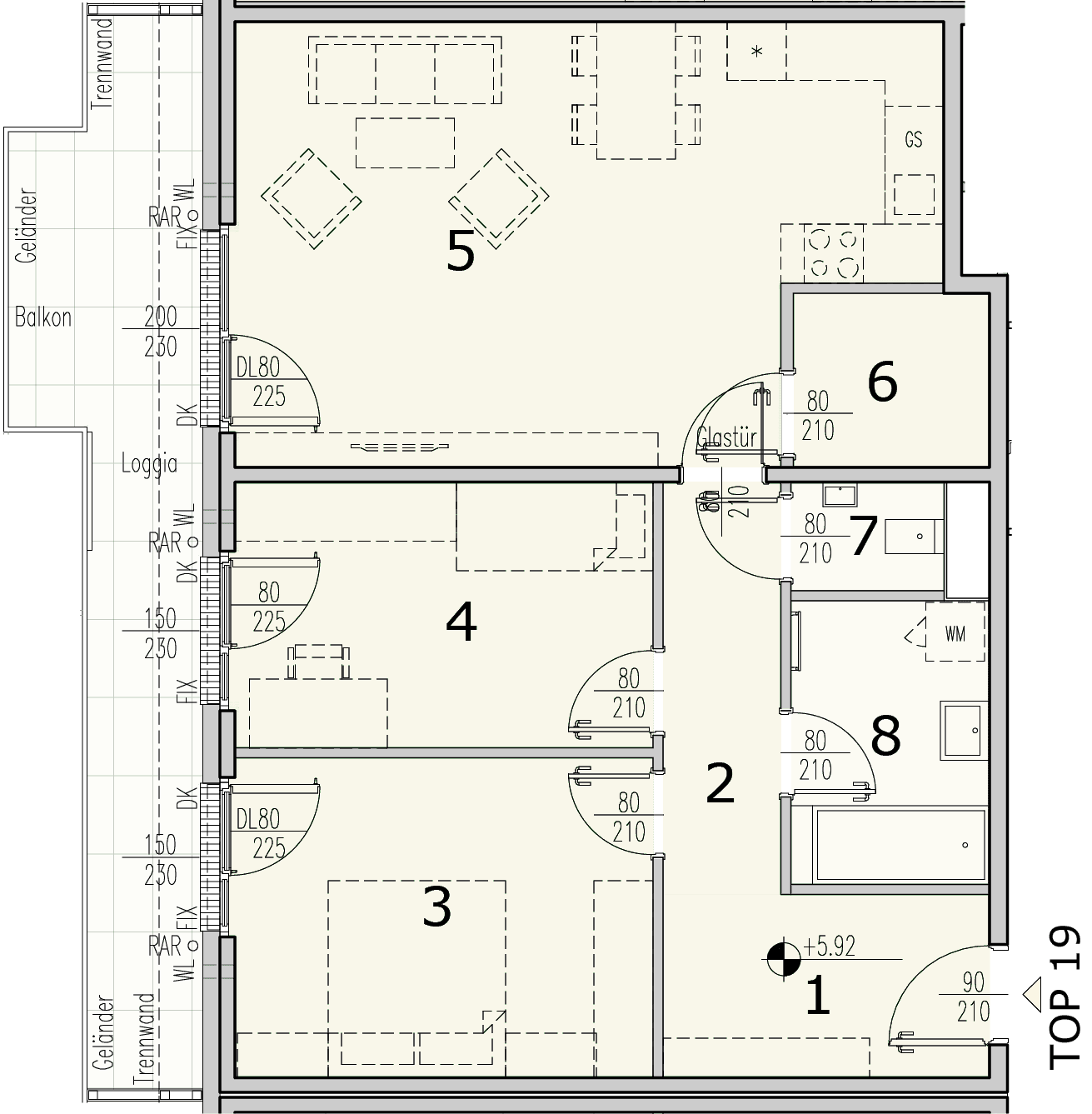Grundriss Top 2.19 — WohnWildnis 1210 — 3 Zimmer — 77,4 m² — 2nd floor — Loggia 4.85 m², Balkon 10.36 m²
