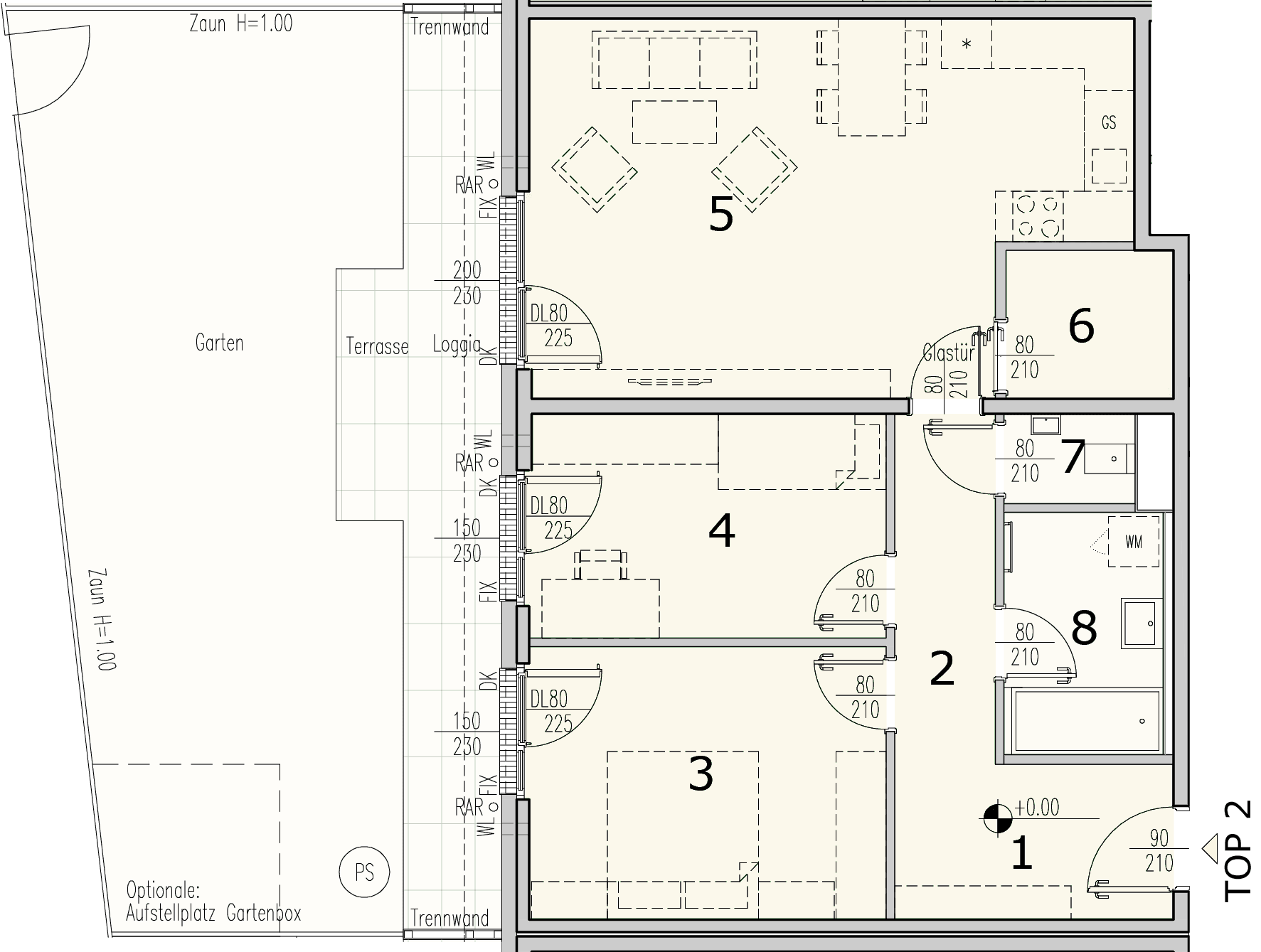 Grundriss Top 2.02 — WohnWildnis 1210 — 3 Zimmer — 76,8 m² — Ground floor — Terrasse 10.36 m², Loggia 4.85 m², Garten 42.56 m²