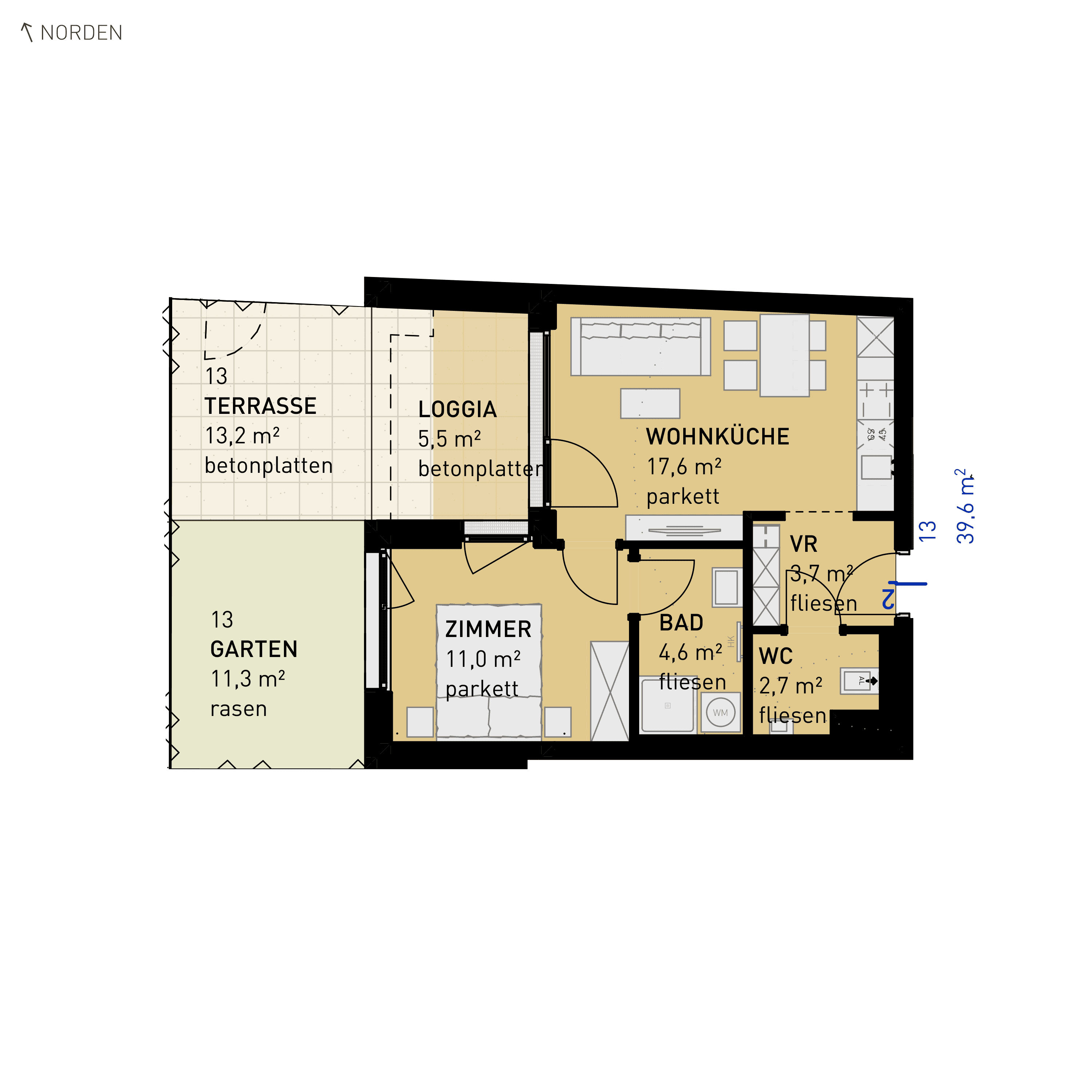 Grundriss Top 13 — Wulzendorfstraße 101 — 2 Zimmer — 39,6 m² — Ground floor — N/W