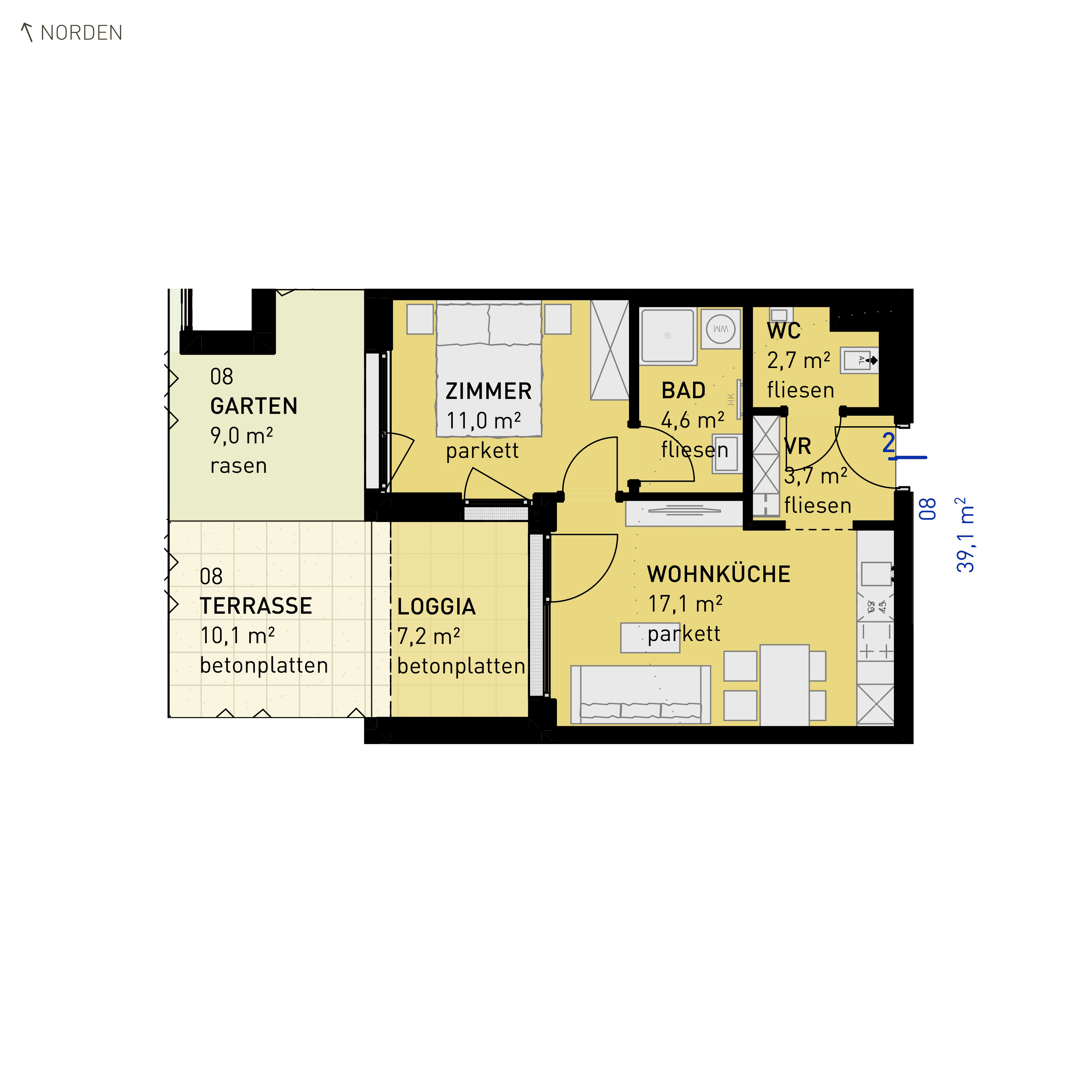 Grundriss Top 08 — Wulzendorfstraße 101 — 2 Zimmer — 39,1 m² — Ground floor — N/W
