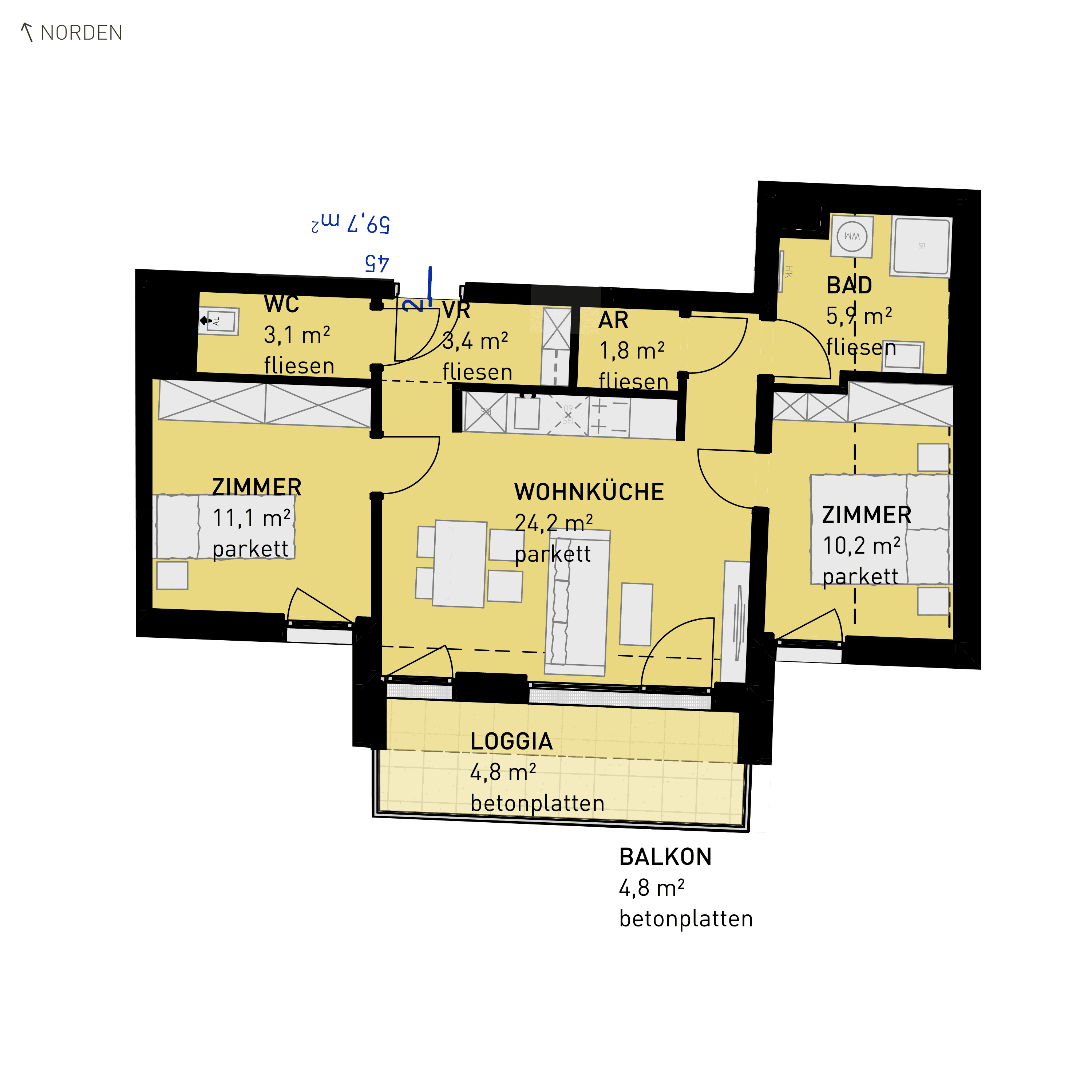 Grundriss Top 45 — Wulzendorfstraße 101 — 3 Zimmer — 59,7 m² — 1st floor — S