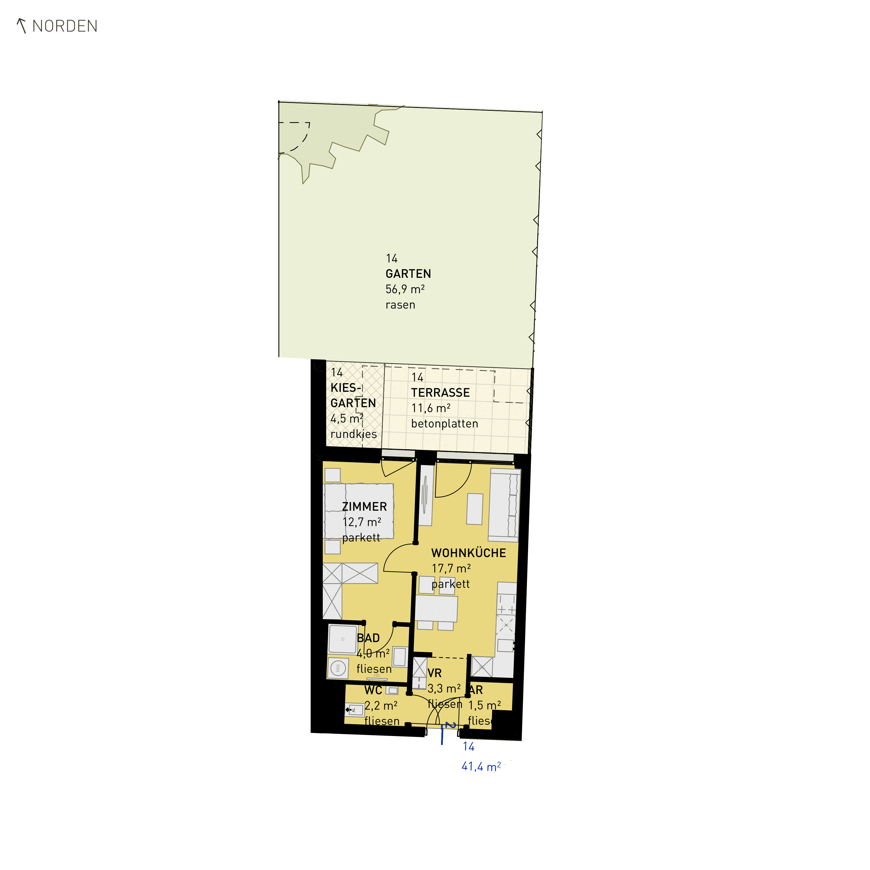 Grundriss Top 14 — Wulzendorfstraße 101 — 2 Zimmer — 41,4 m² — Ground floor — N/O