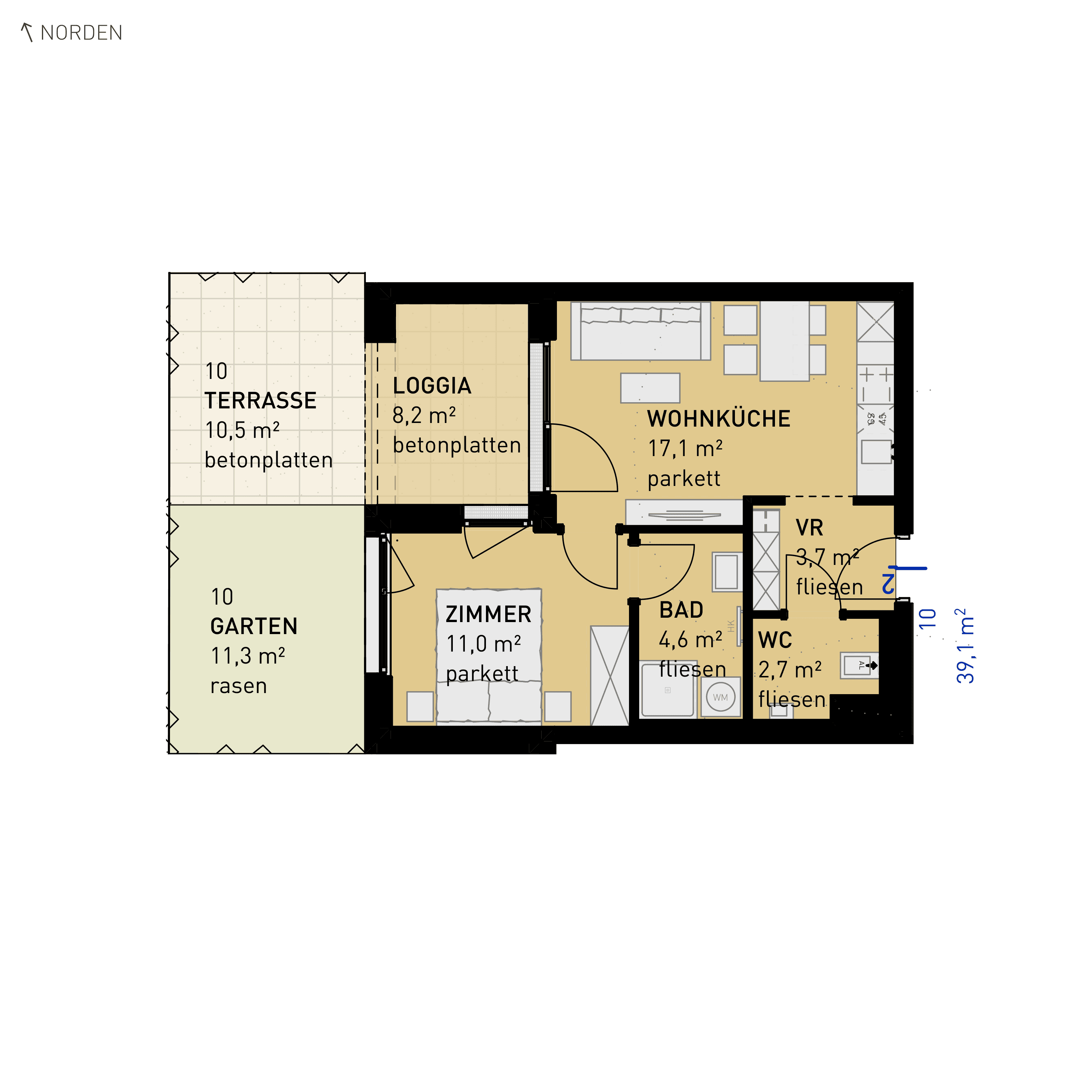Grundriss Top 10 — Wulzendorfstraße 101 — 2 Zimmer — 39,1 m² — Ground floor — N/W