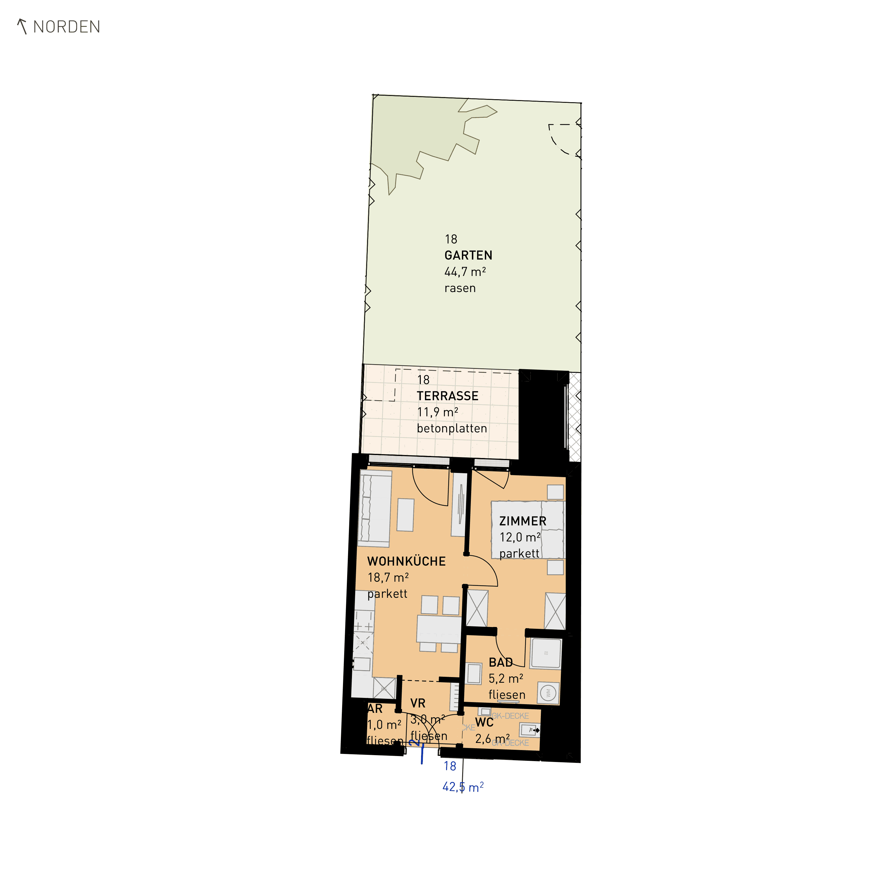 Grundriss Top 18 — Wulzendorfstraße 101 — 2 Zimmer — 42,5 m² — Ground floor — N/O
