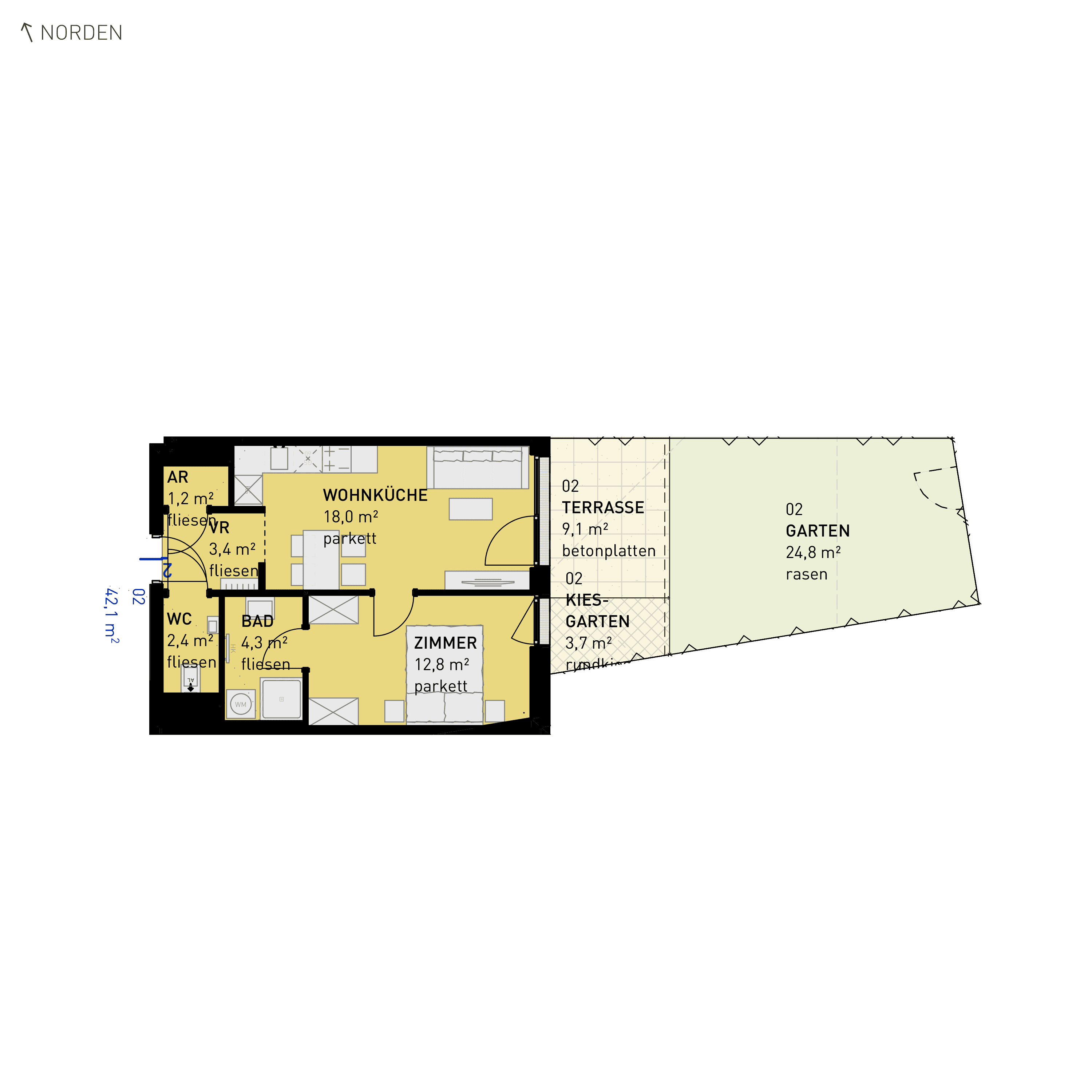 Grundriss Top 02 — Wulzendorfstraße 101 — 2 Zimmer — 42,1 m² — Ground floor — O/S