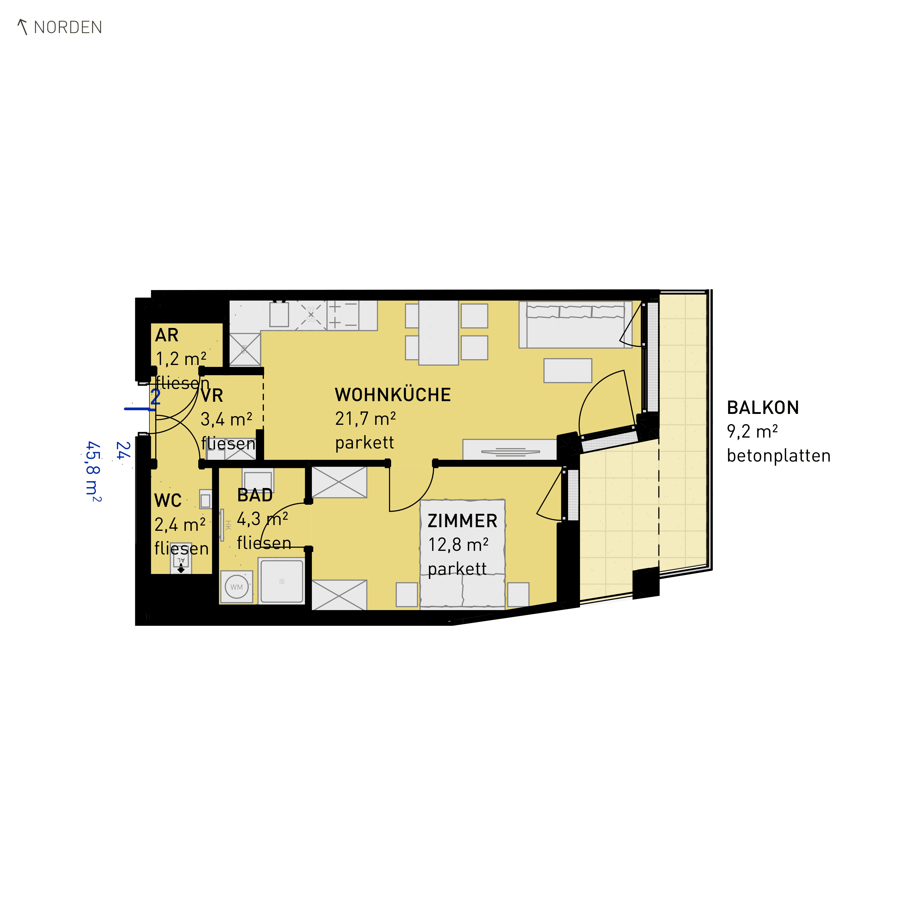 Grundriss Top 24 — Wulzendorfstraße 101 — 2 Zimmer — 45,8 m² — 1st floor — O/S