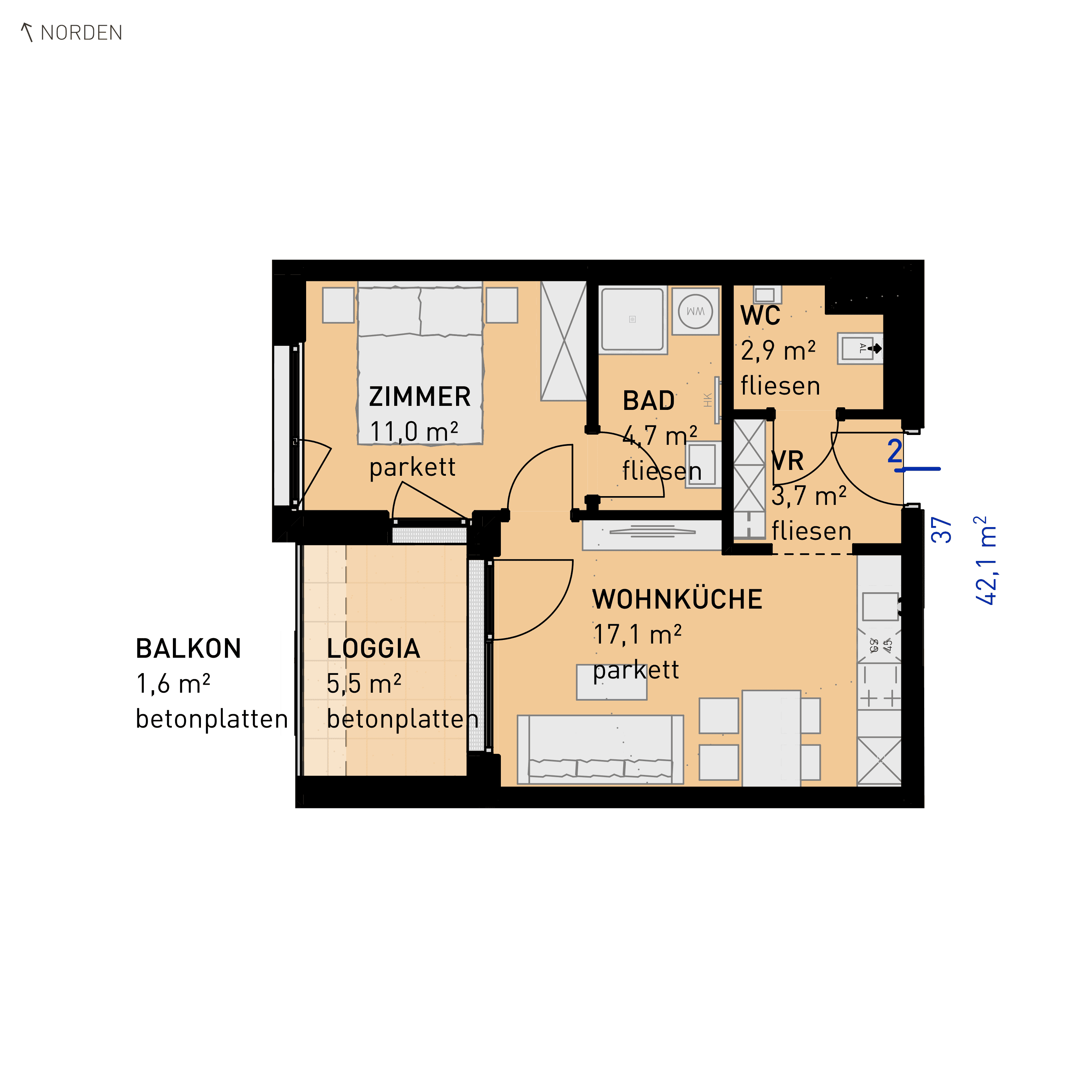 Grundriss Top 37 — Wulzendorfstraße 101 — 2 Zimmer — 42,1 m² — 1st floor — N/W