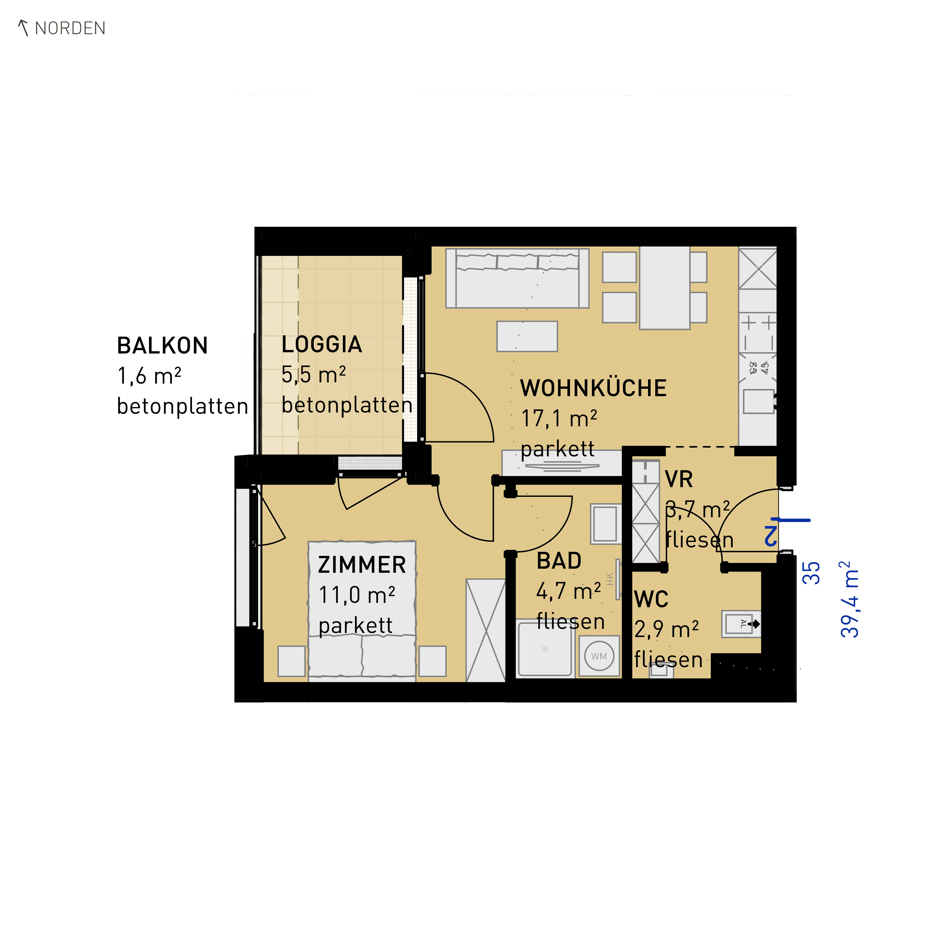 Grundriss Top 35 — Wulzendorfstraße 101 — 2 Zimmer — 39,4 m² — 1st floor — N/W