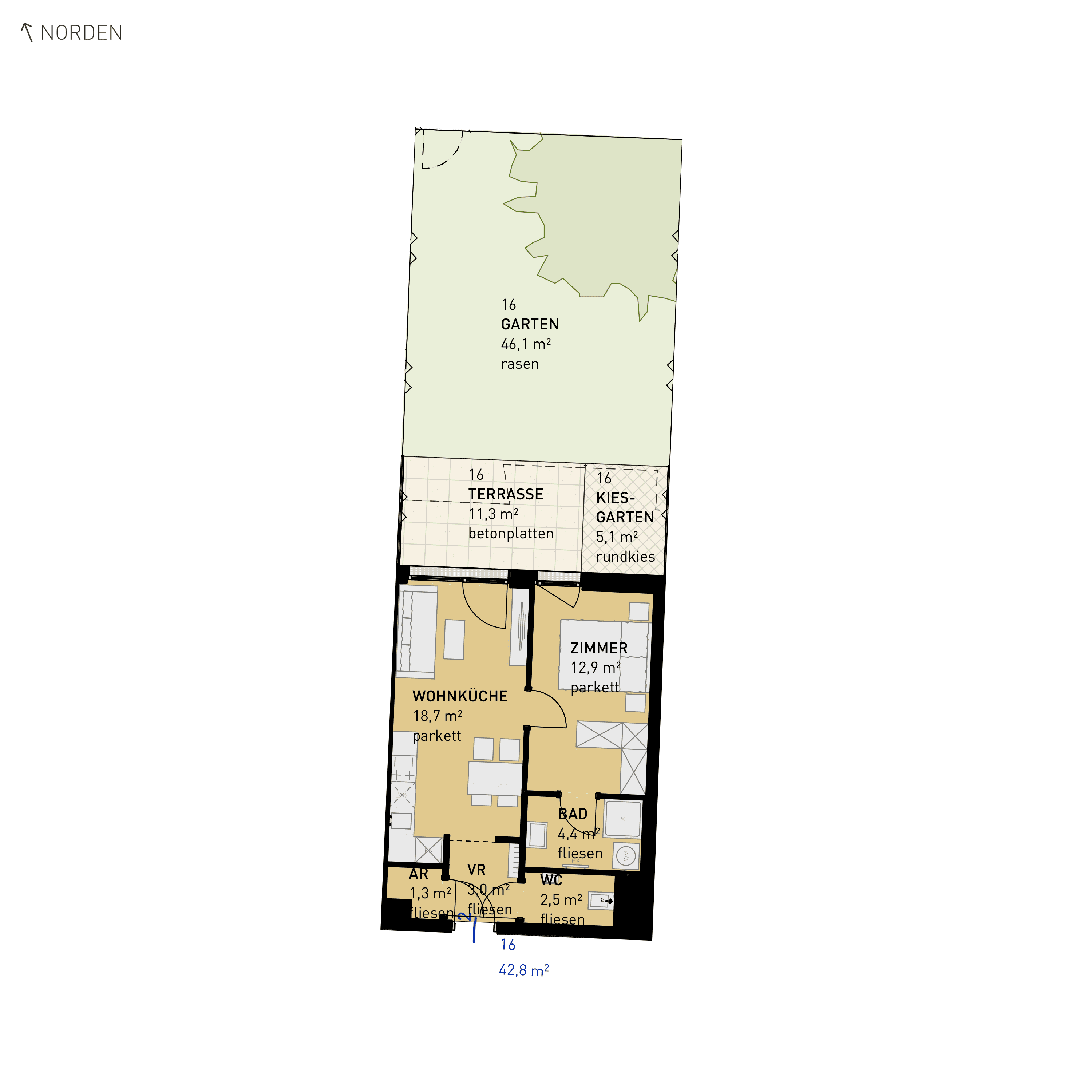 Grundriss Top 16 — Wulzendorfstraße 101 — 2 Zimmer — 42,8 m² — Ground floor — N/O