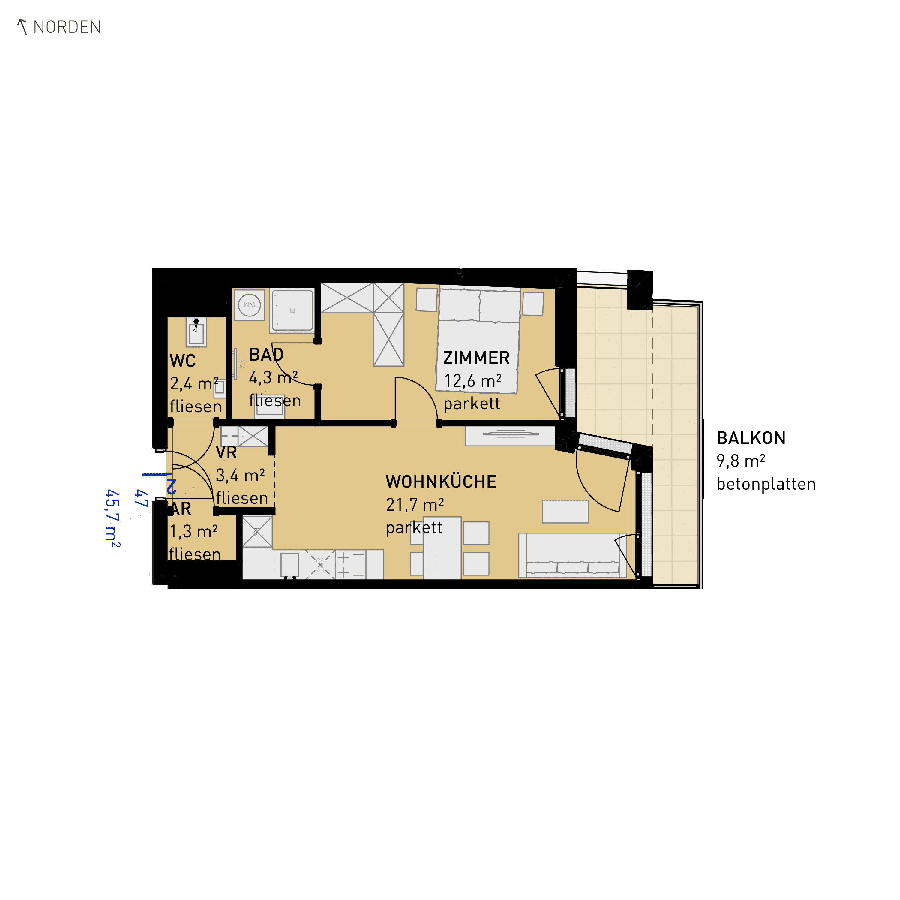 Grundriss Top 47 — Wulzendorfstraße 101 — 2 Zimmer — 45,7 m² — 1st floor — O/S