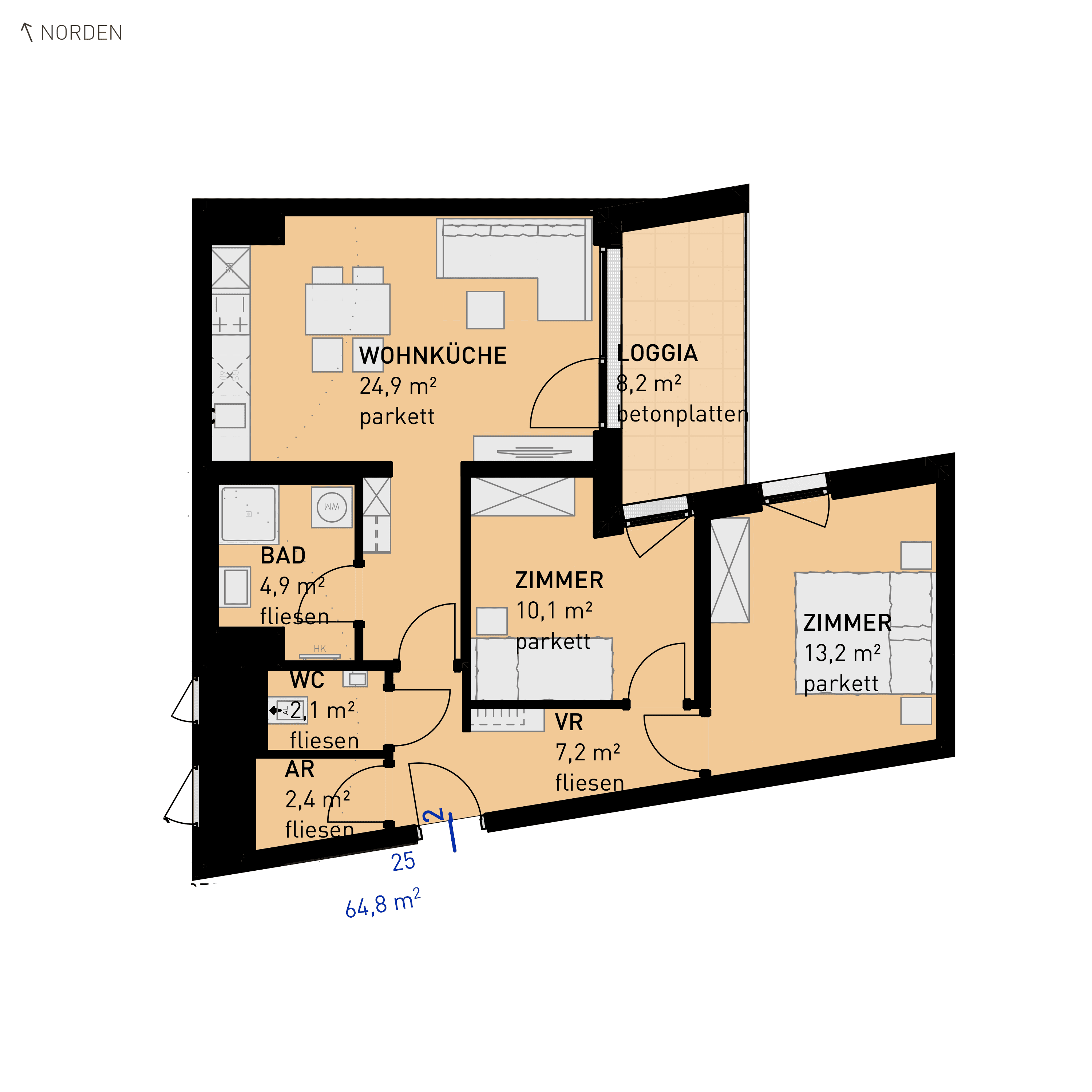 Grundriss Top 25 — Wulzendorfstraße 101 — 3 Zimmer — 64,8 m² — 1st floor — O