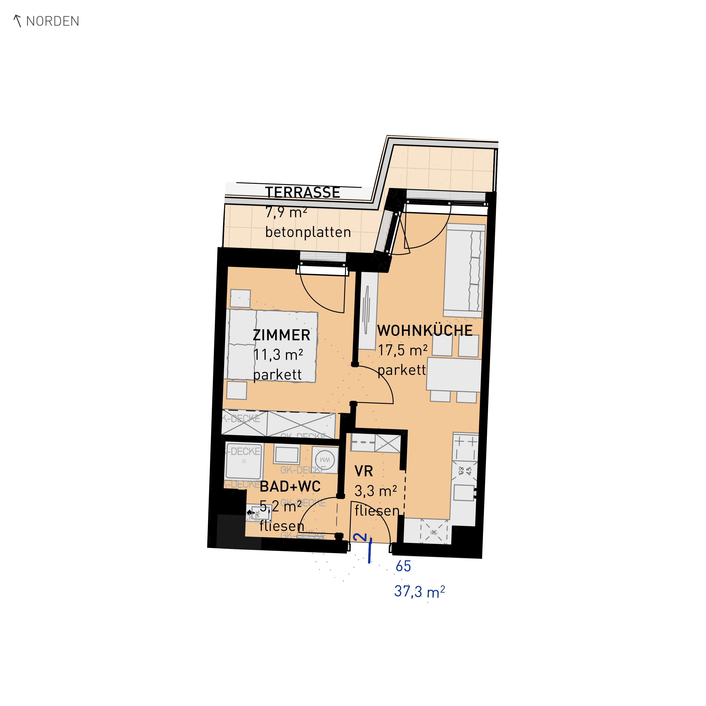Grundriss Top 65 — Wulzendorfstraße 101 — 2 Zimmer — 37,3 m² — 2nd floor — N/O