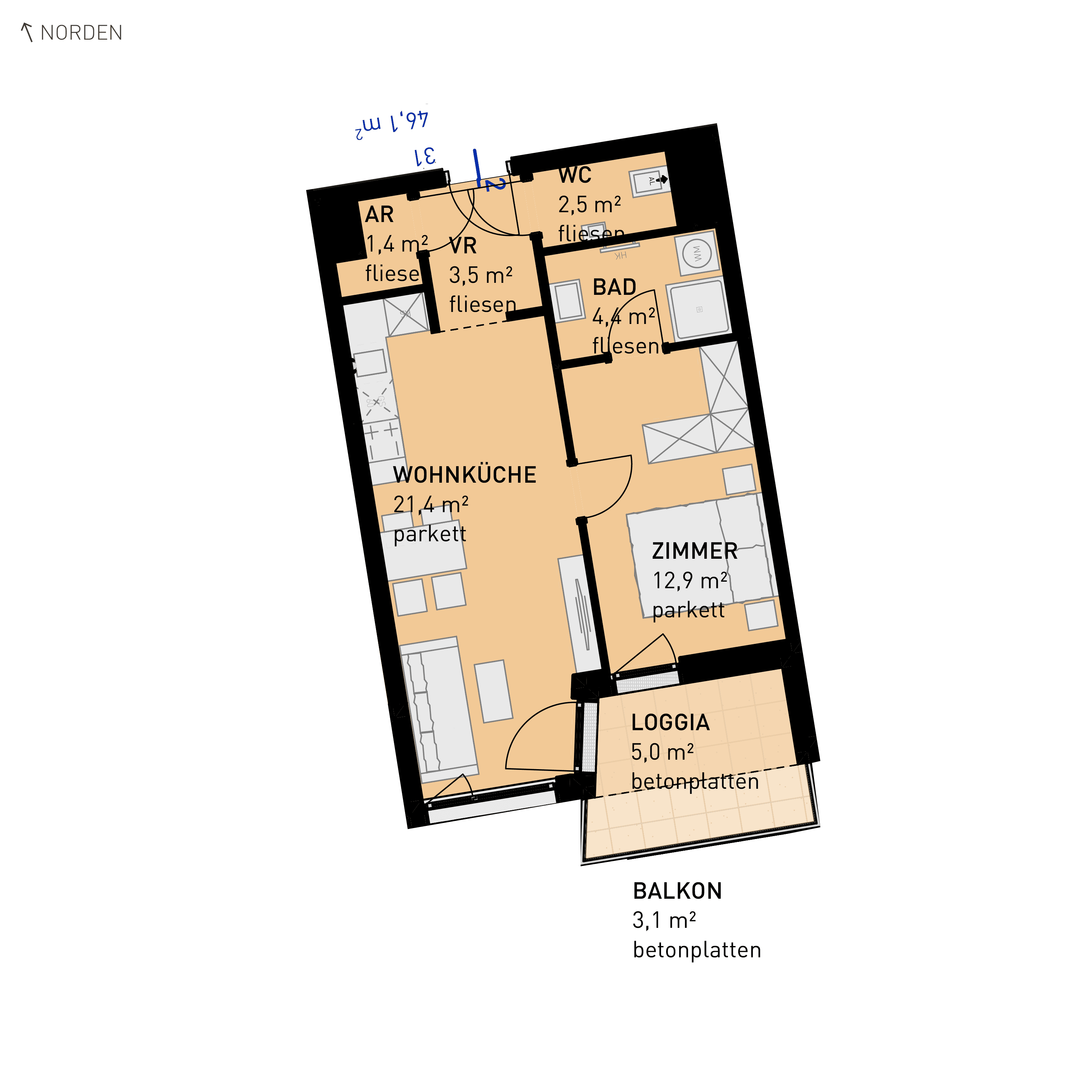 Grundriss Top 31 — Wulzendorfstraße 101 — 2 Zimmer — 46,1 m² — 1st floor — S