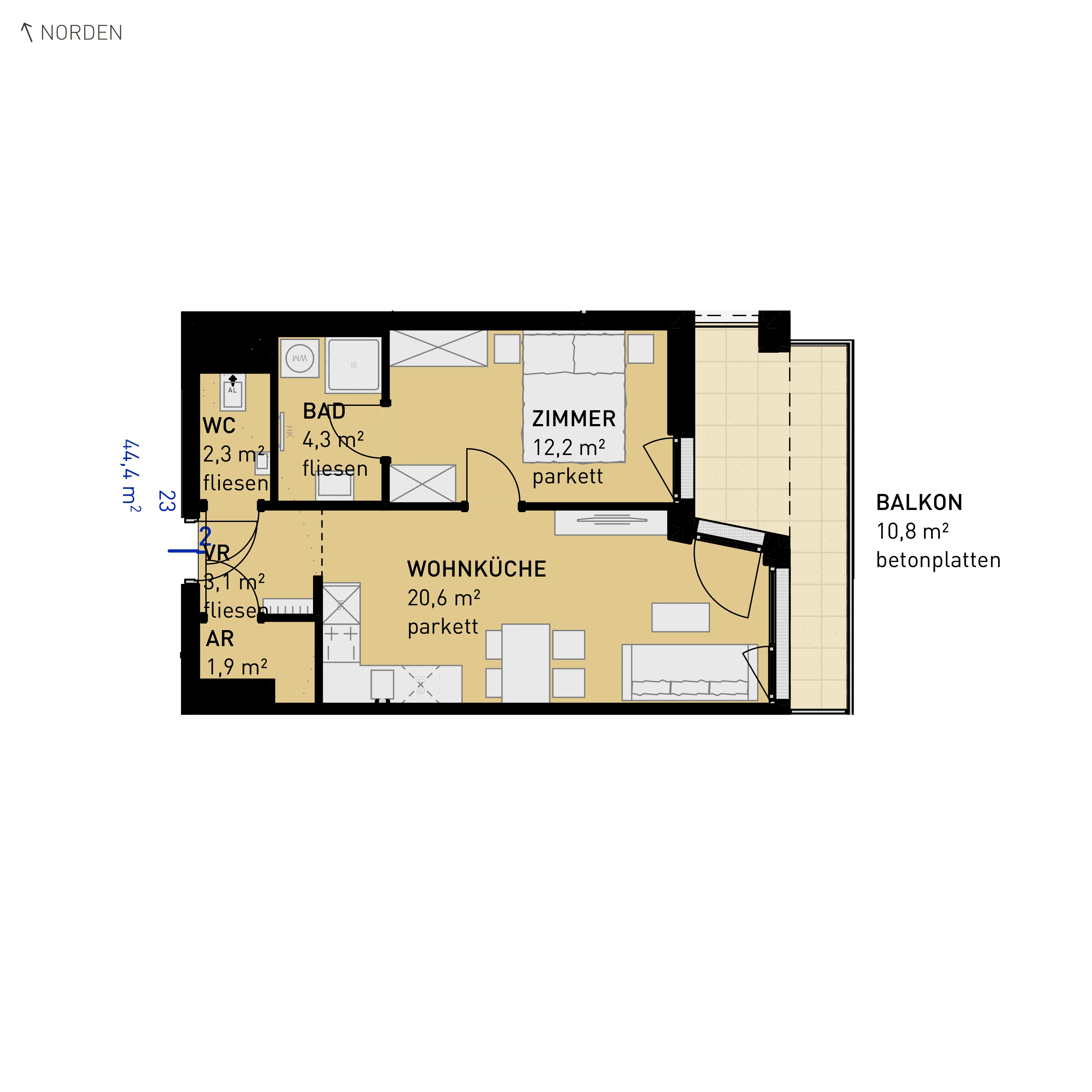 Grundriss Top 23 — Wulzendorfstraße 101 — 2 Zimmer — 44,4 m² — 1st floor — O/S