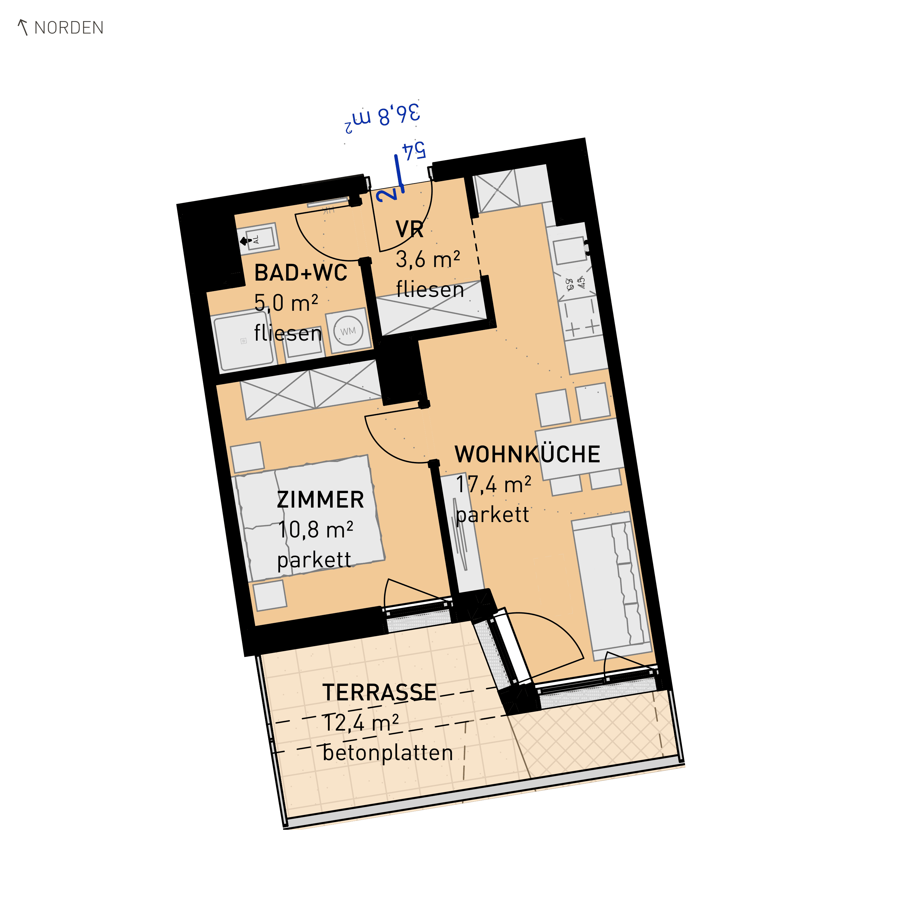 Grundriss Top 54 — Wulzendorfstraße 101 — 2 Zimmer — 36,8 m² — 2nd floor — S