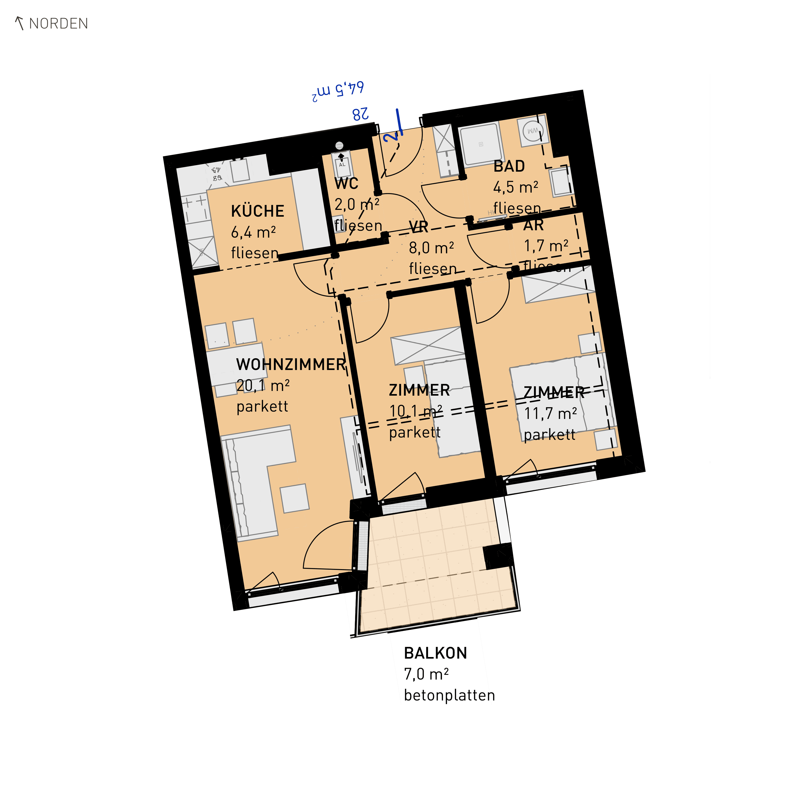 Grundriss Top 28 — Wulzendorfstraße 101 — 3 Zimmer — 64,5 m² — 1st floor — S