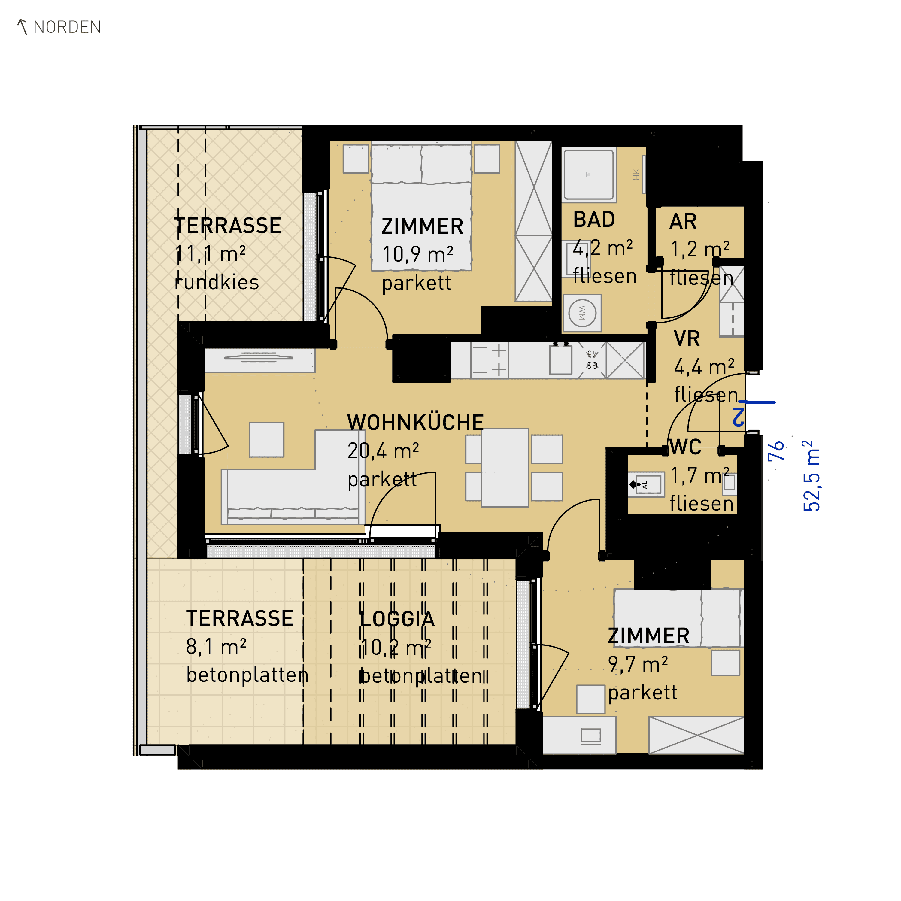 Grundriss Top 76 — Wulzendorfstraße 101 — 2 Zimmer — 46,7 m² — 3rd floor — N/W