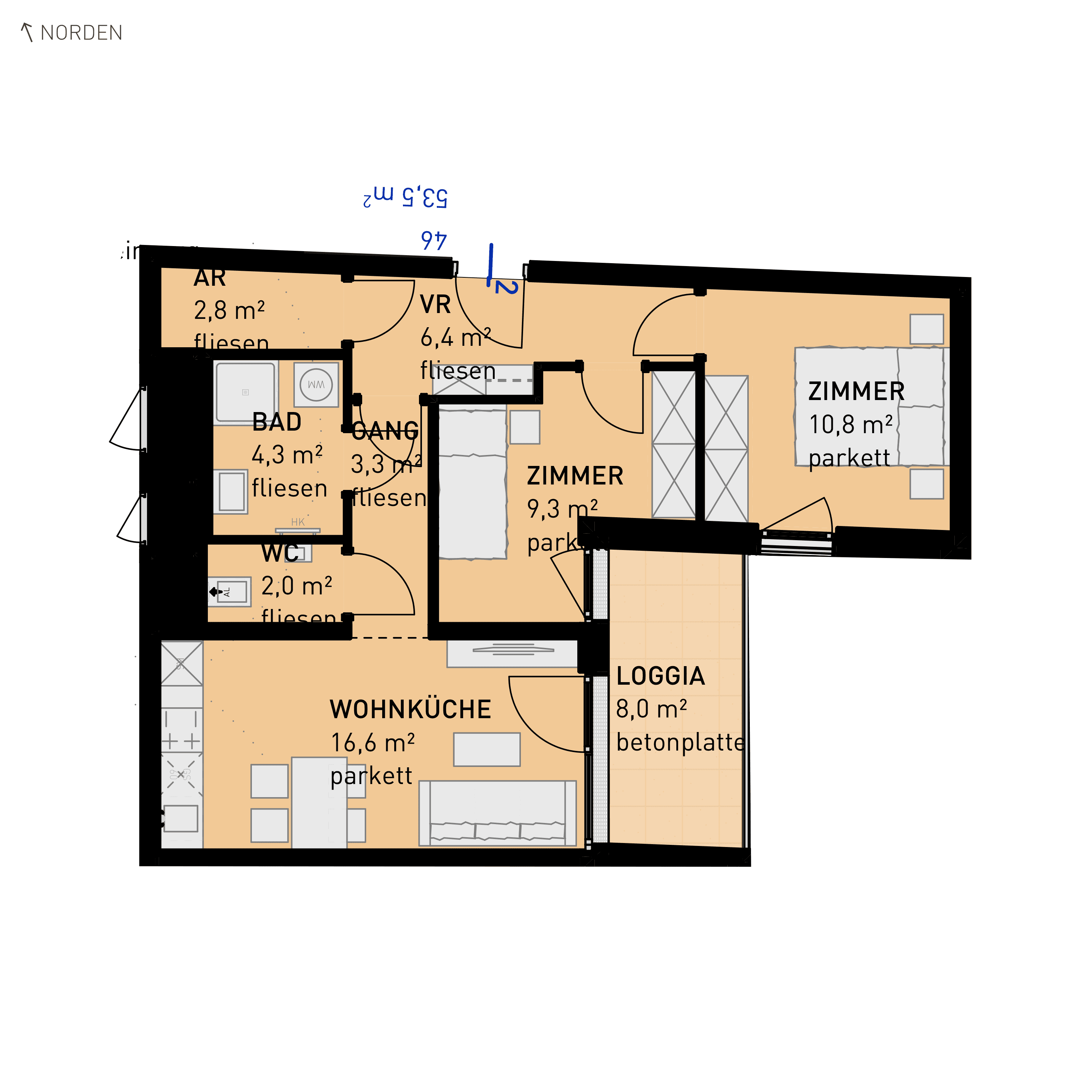 Grundriss Top 46 — Wulzendorfstraße 101 — 3 Zimmer — 53,5 m² — 1st floor — O