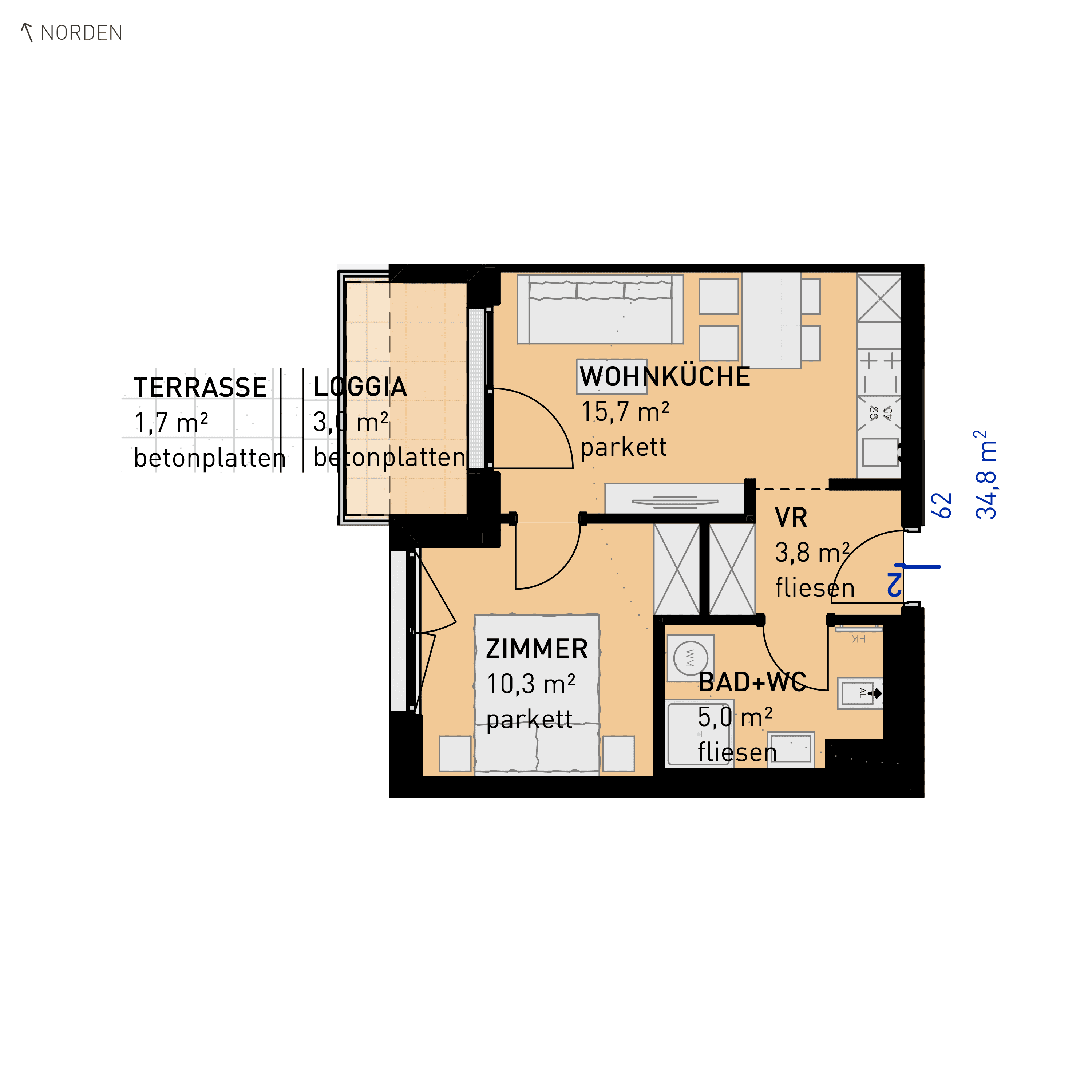Grundriss Top 62 — Wulzendorfstraße 101 — 2 Zimmer — 34,8 m² — 2nd floor — N/W