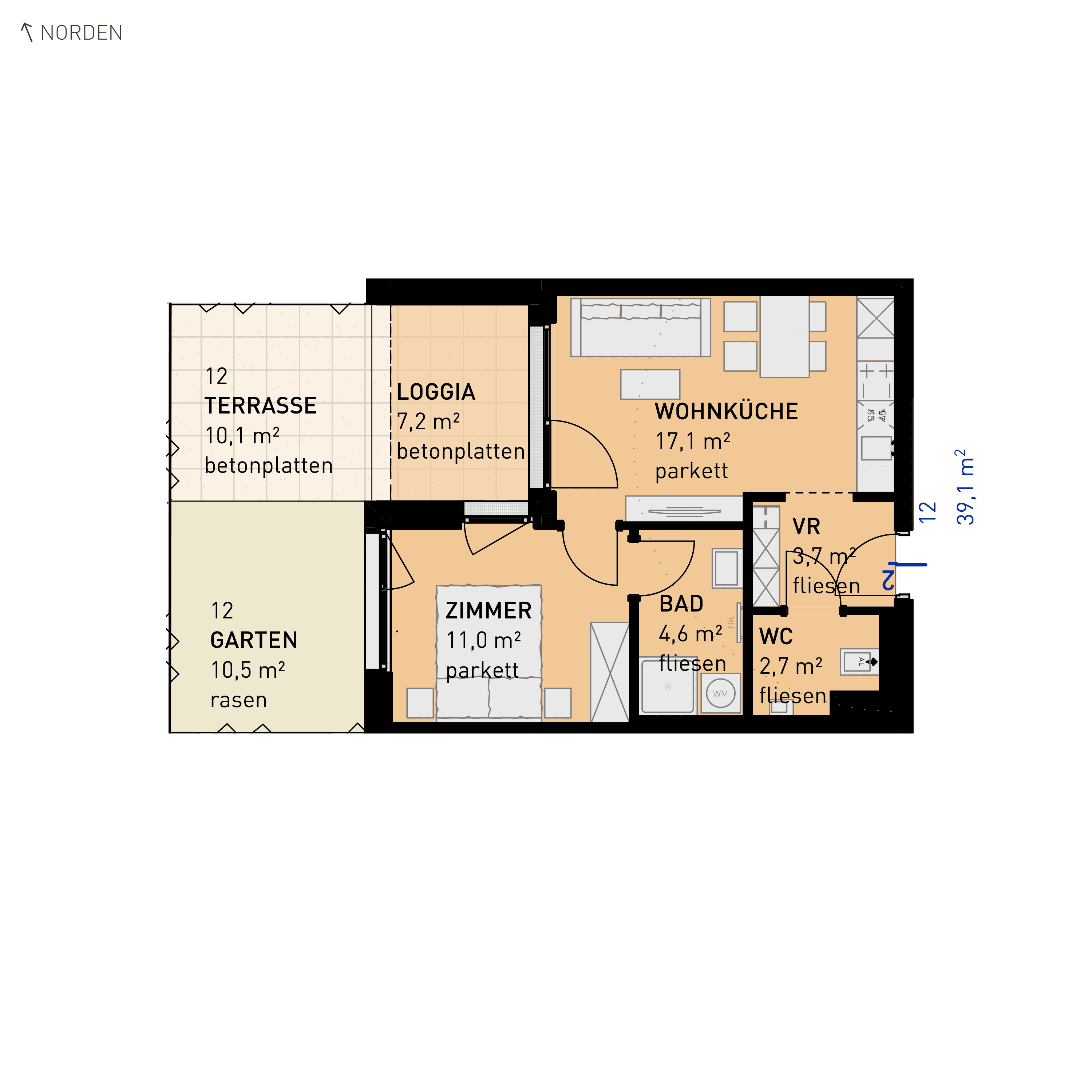 Grundriss Top 12 — Wulzendorfstraße 101 — 2 Zimmer — 39,1 m² — Ground floor — N/W