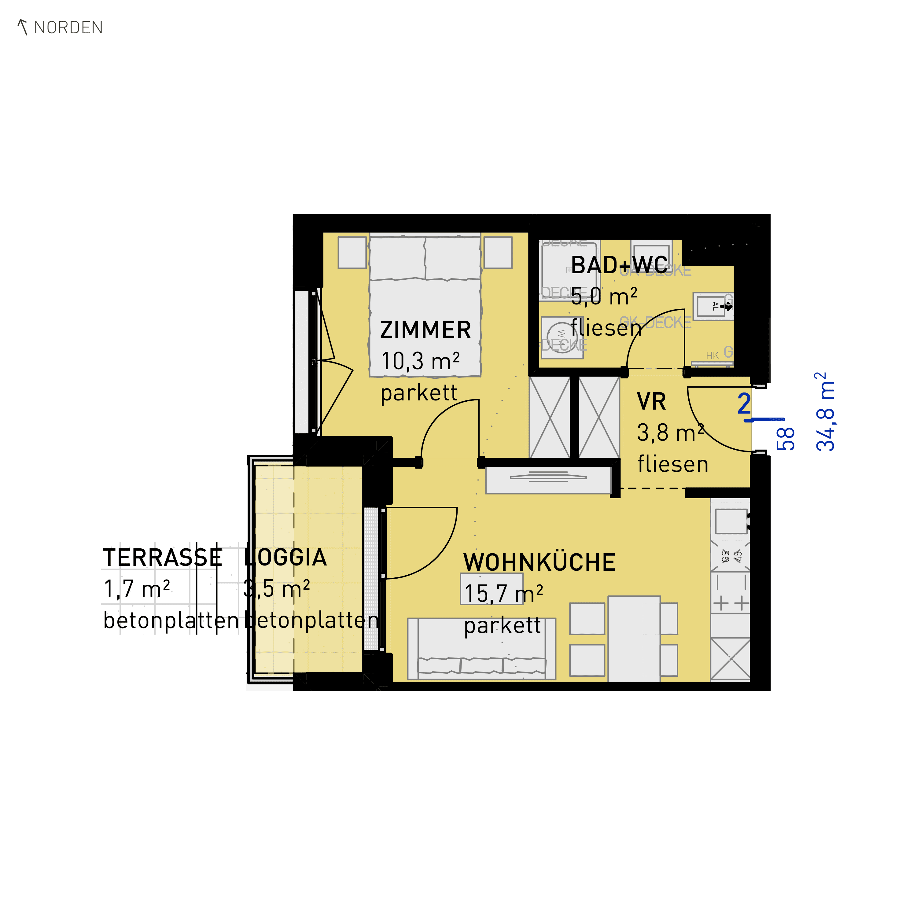 Grundriss Top 58 — Wulzendorfstraße 101 — 2 Zimmer — 34,8 m² — 2nd floor — N/W
