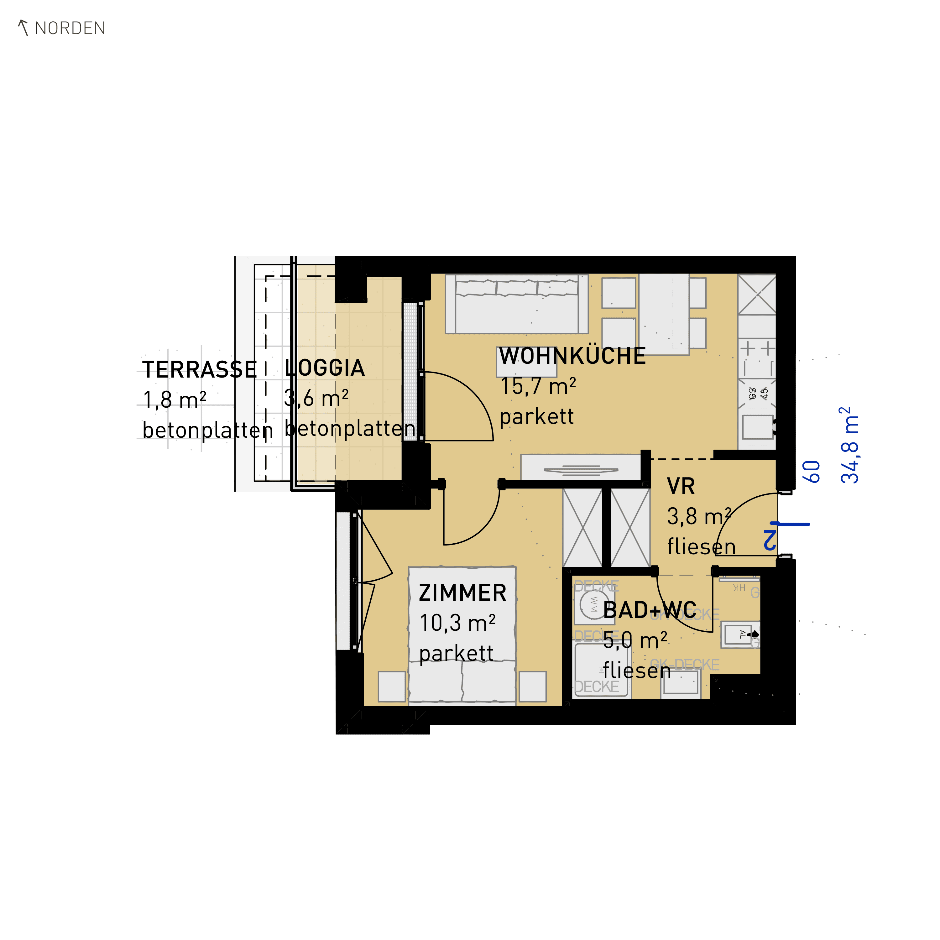 Grundriss Top 60 — Wulzendorfstraße 101 — 2 Zimmer — 34,8 m² — 2nd floor — N/W