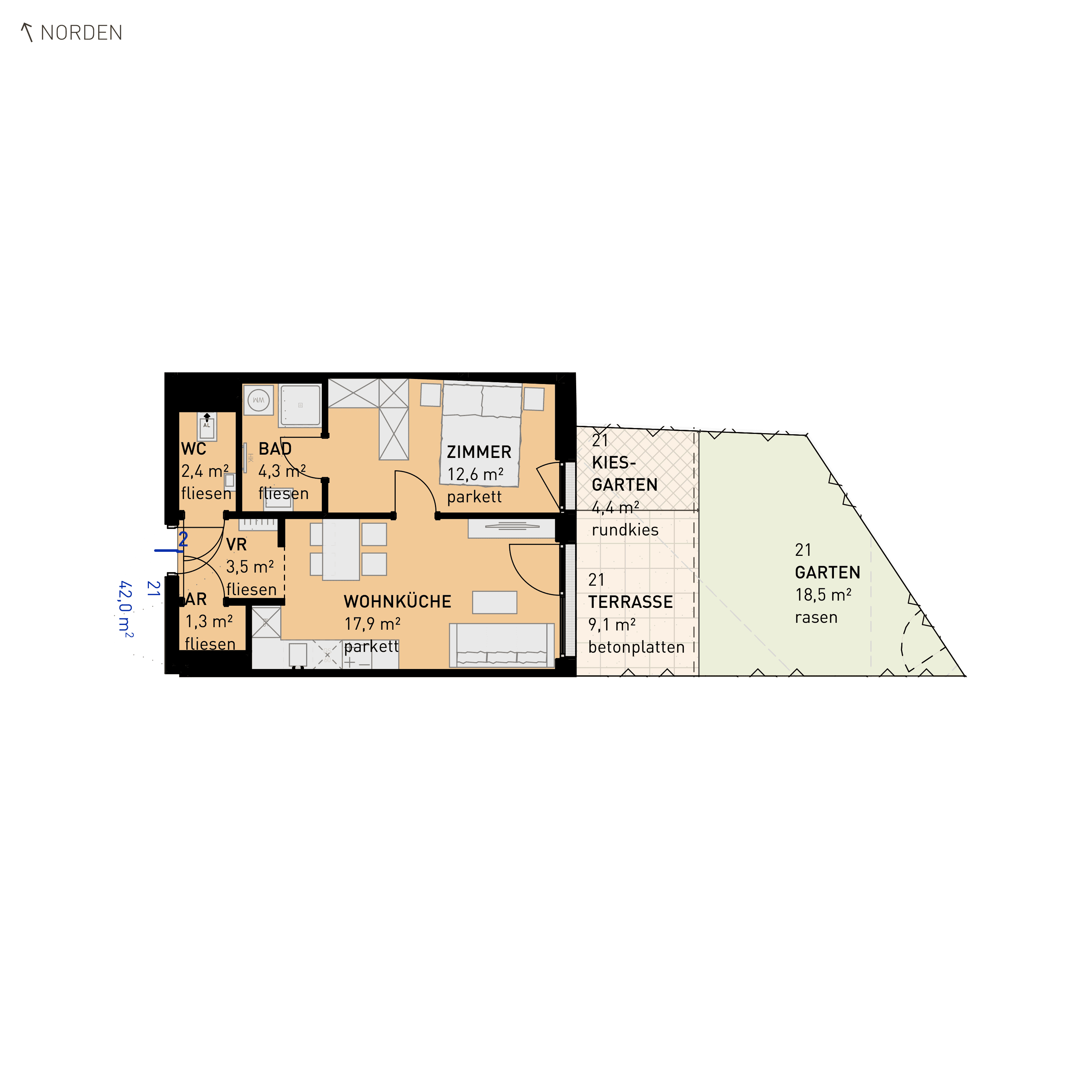 Grundriss Top 21 — Wulzendorfstraße 101 — 2 Zimmer — 42 m² — Ground floor — O/S
