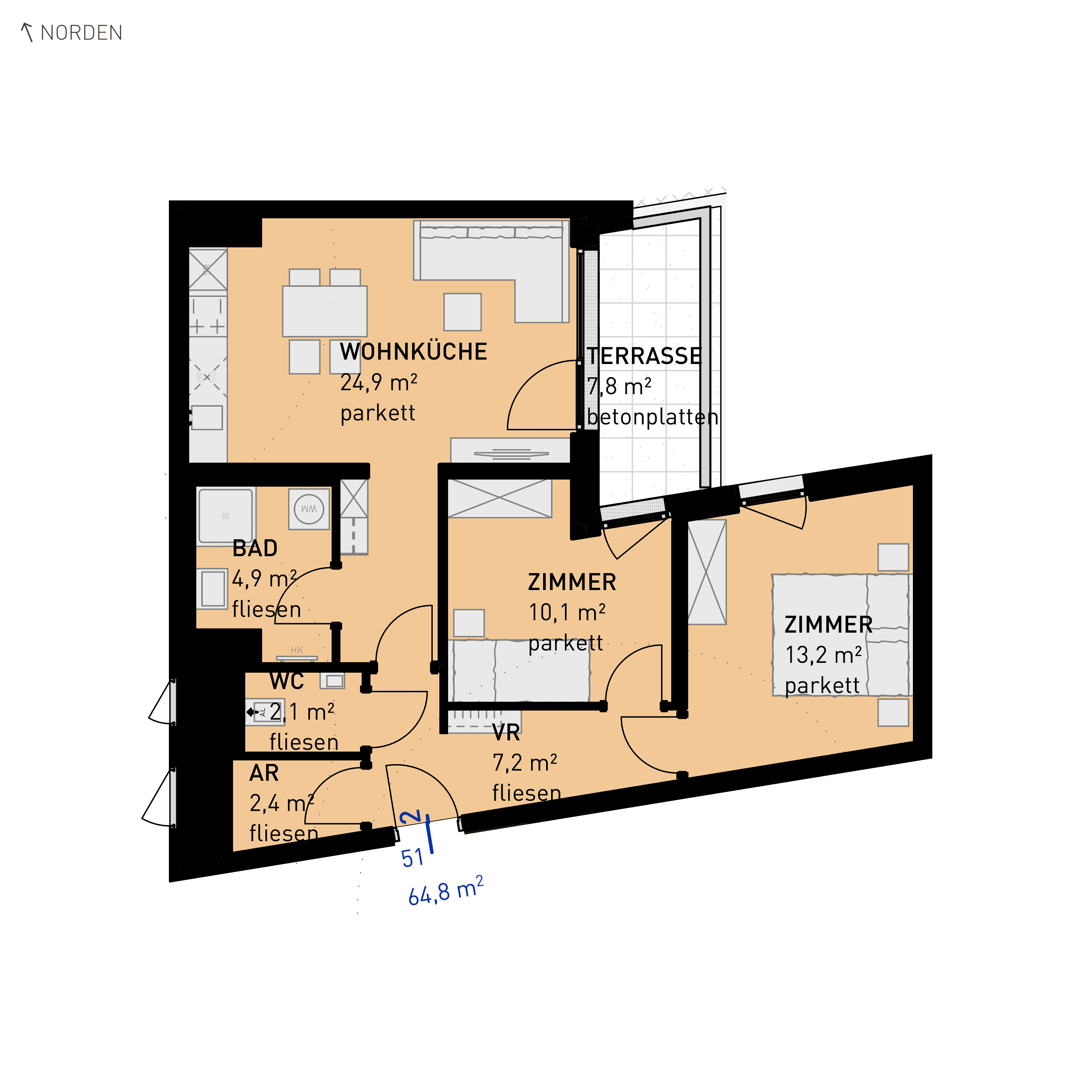 Grundriss Top 51 — Wulzendorfstraße 101 — 3 Zimmer — 64,8 m² — 2nd floor — O/S
