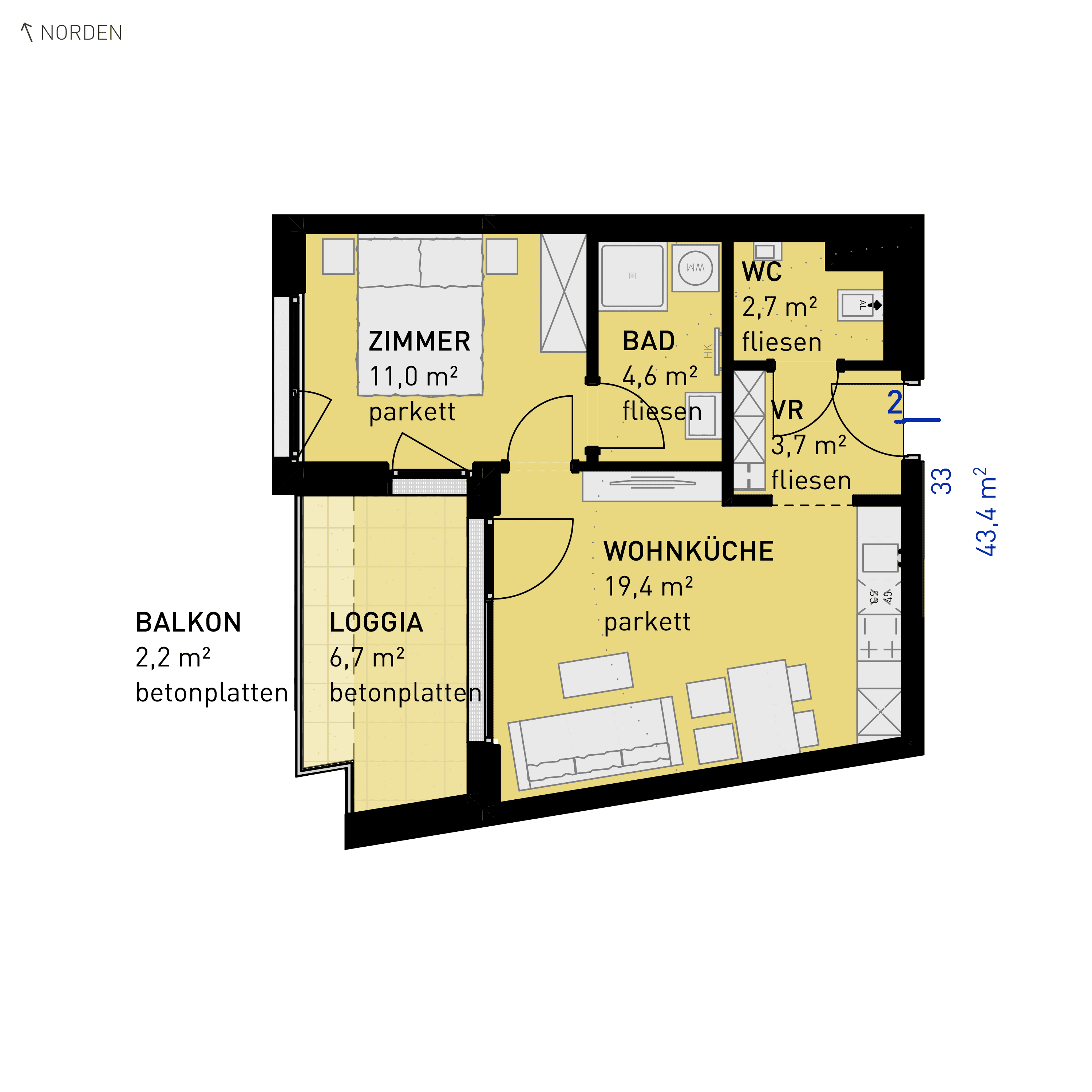 Grundriss Top 33 — Wulzendorfstraße 101 — 2 Zimmer — 43,4 m² — 1st floor — N/W