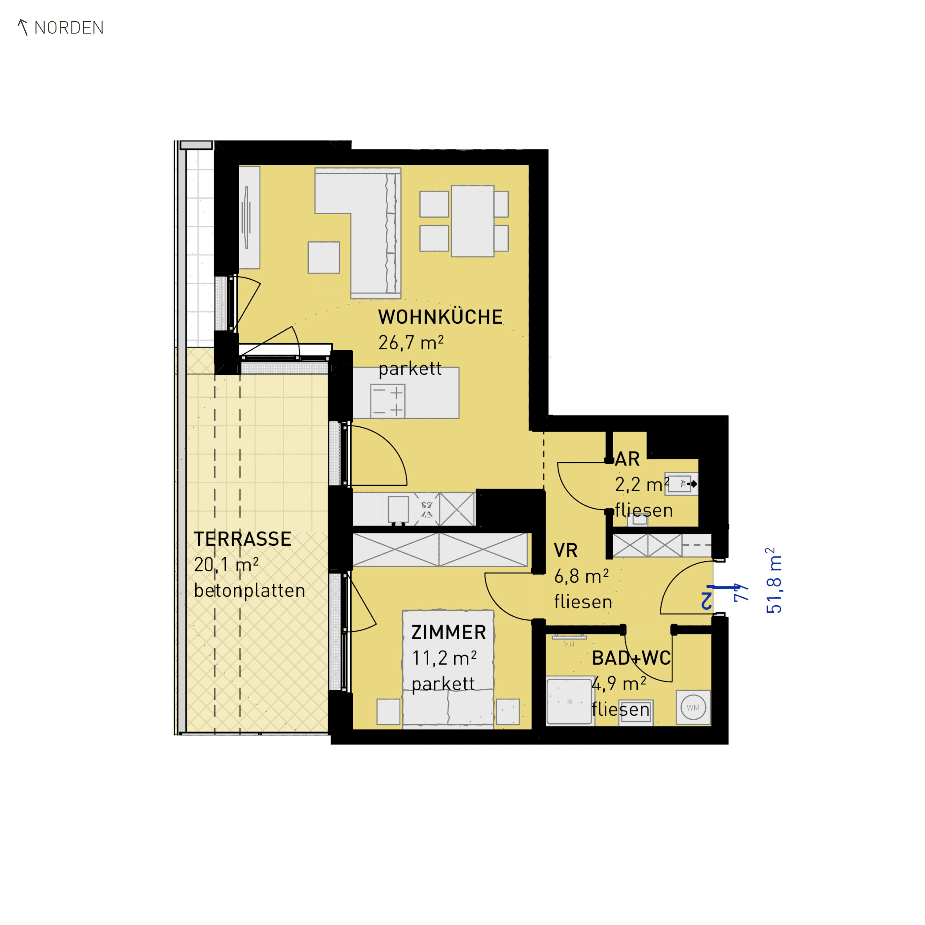 Grundriss Top 77 — Wulzendorfstraße 101 — 3 Zimmer — 61,2 m² — 3rd floor — N/W