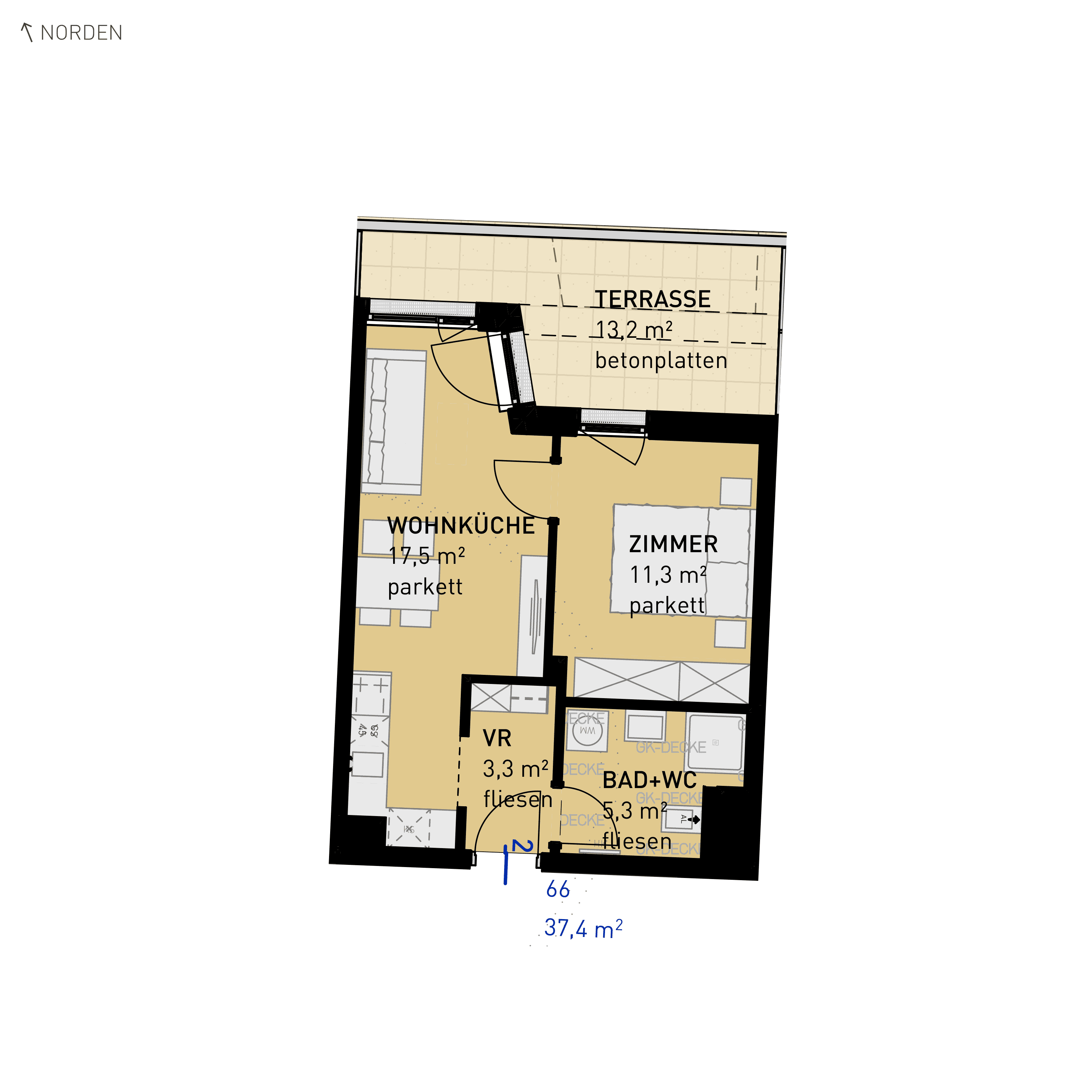 Grundriss Top 66 — Wulzendorfstraße 101 — 2 Zimmer — 37,4 m² — 2nd floor — N/O