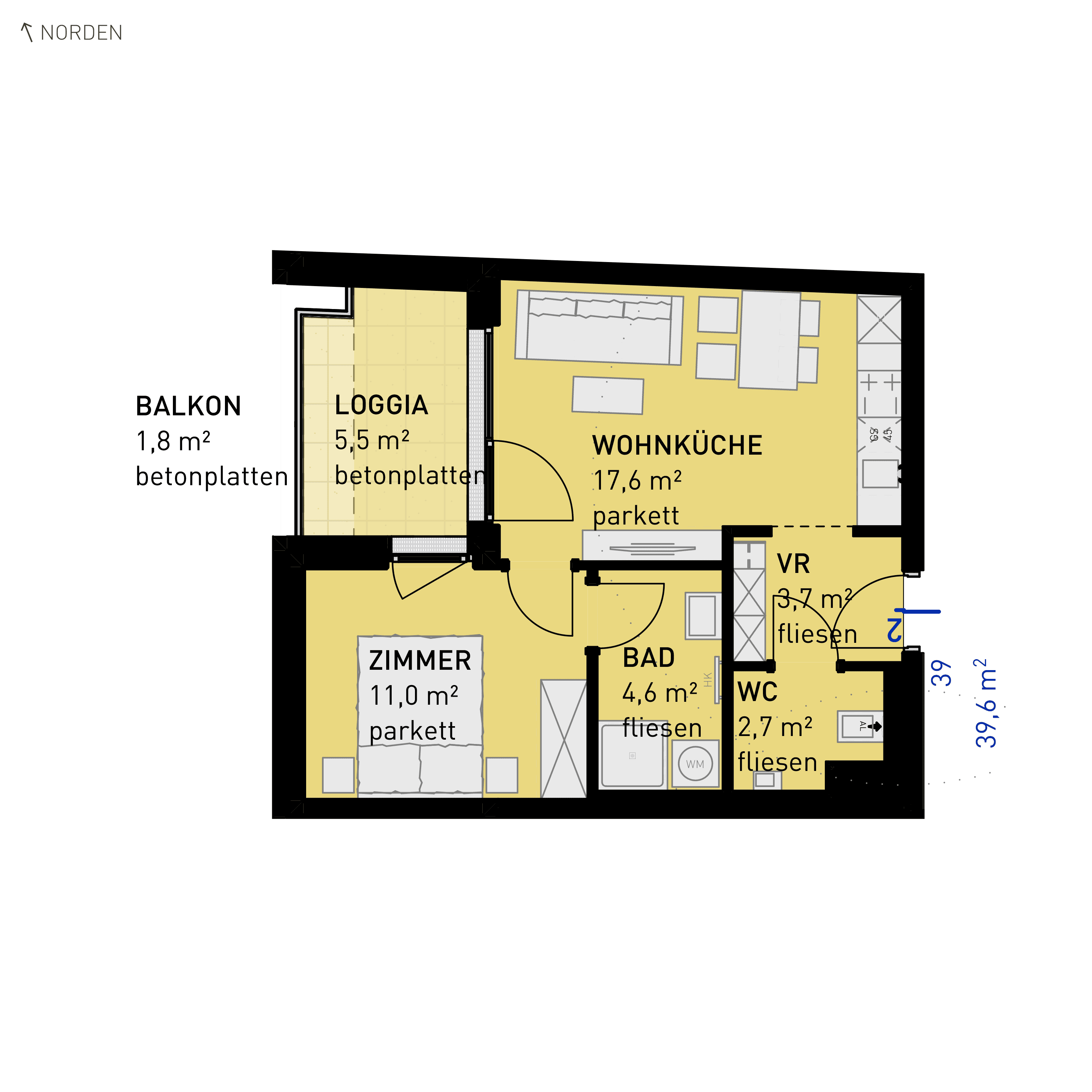 Grundriss Top 39 — Wulzendorfstraße 101 — 2 Zimmer — 39,6 m² — 1st floor — N/W