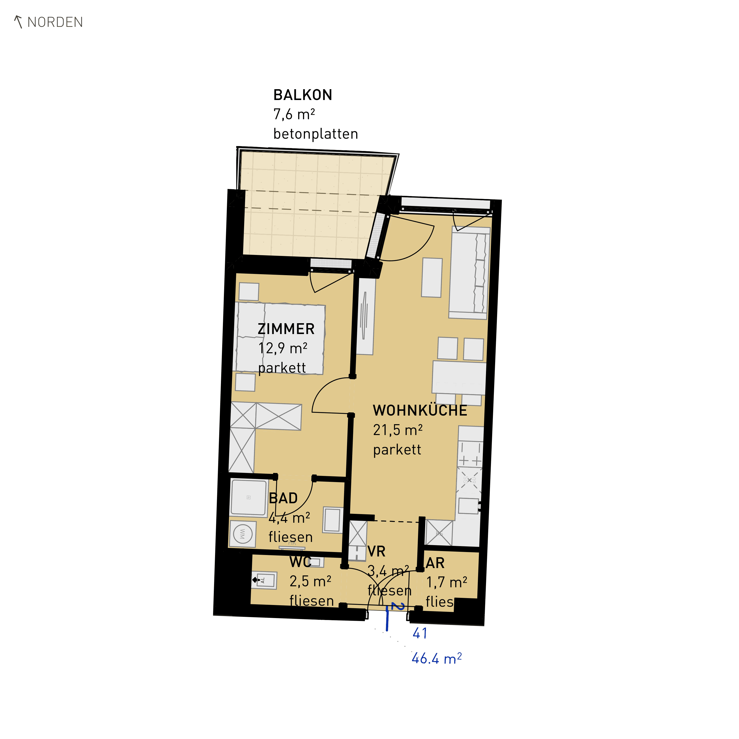Grundriss Top 41 — Wulzendorfstraße 101 — 2 Zimmer — 46,4 m² — 1st floor — N/O