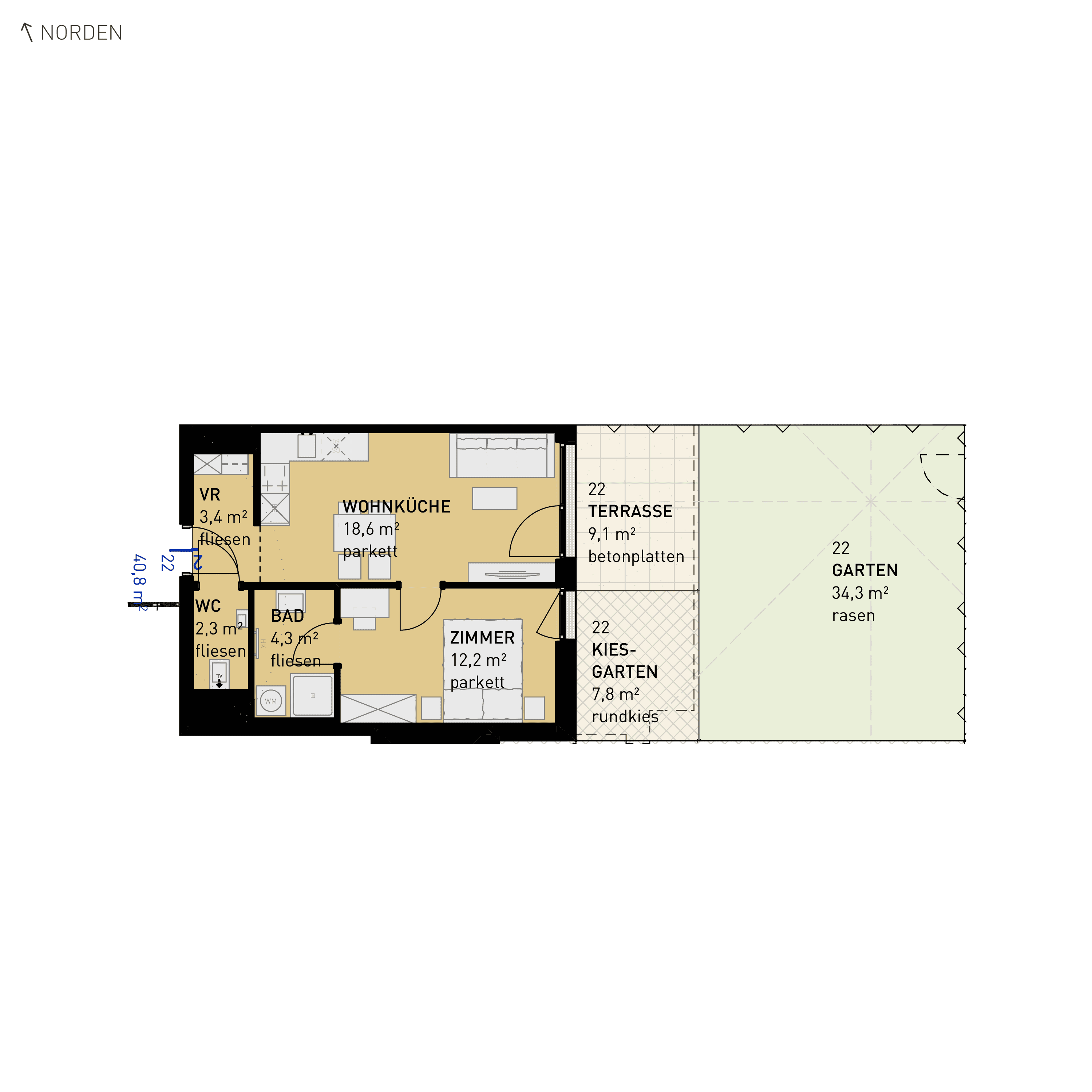 Grundriss Top 22 — Wulzendorfstraße 101 — 2 Zimmer — 40,8 m² — Ground floor — O/S