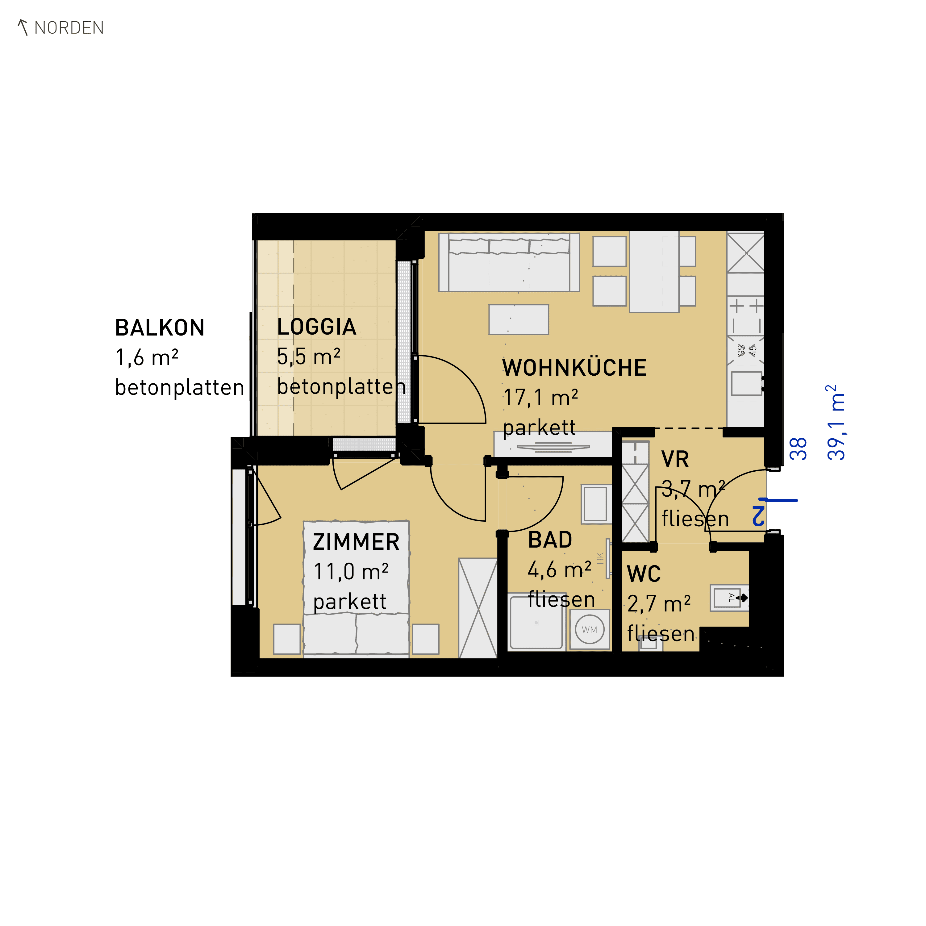 Grundriss Top 38 — Wulzendorfstraße 101 — 2 Zimmer — 39,1 m² — 1st floor — N/W