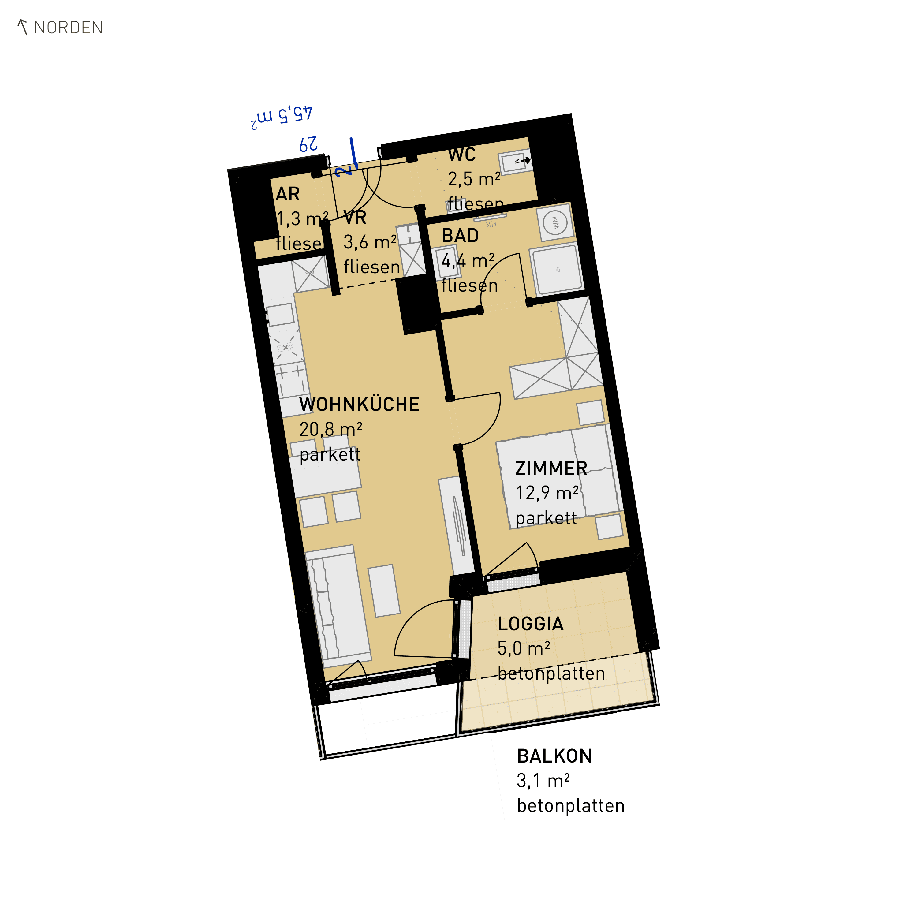 Grundriss Top 29 — Wulzendorfstraße 101 — 2 Zimmer — 45,5 m² — 1st floor — S