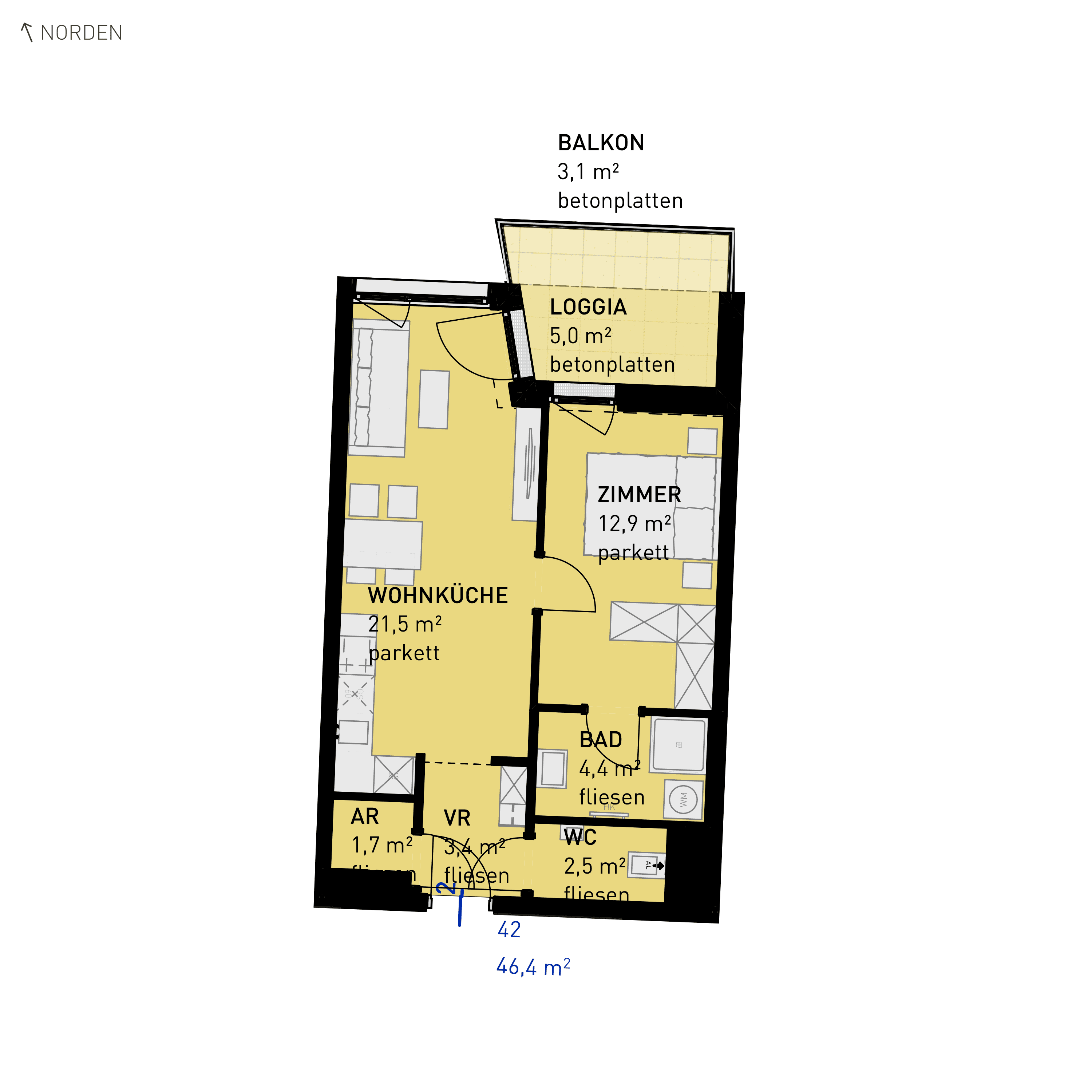 Grundriss Top 42 — Wulzendorfstraße 101 — 2 Zimmer — 46,4 m² — 1st floor — N/O