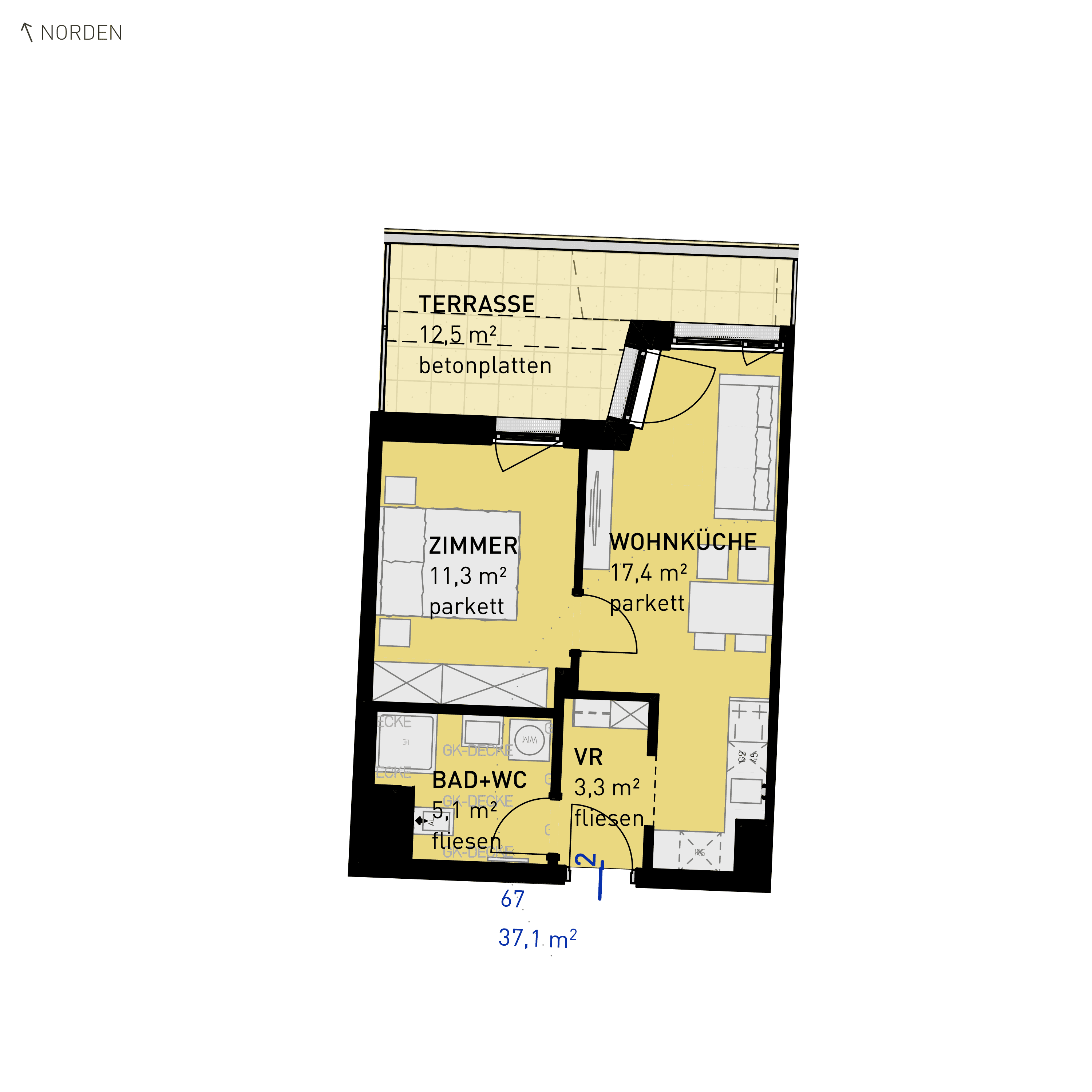 Grundriss Top 67 — Wulzendorfstraße 101 — 2 Zimmer — 37,1 m² — 2nd floor — N/O