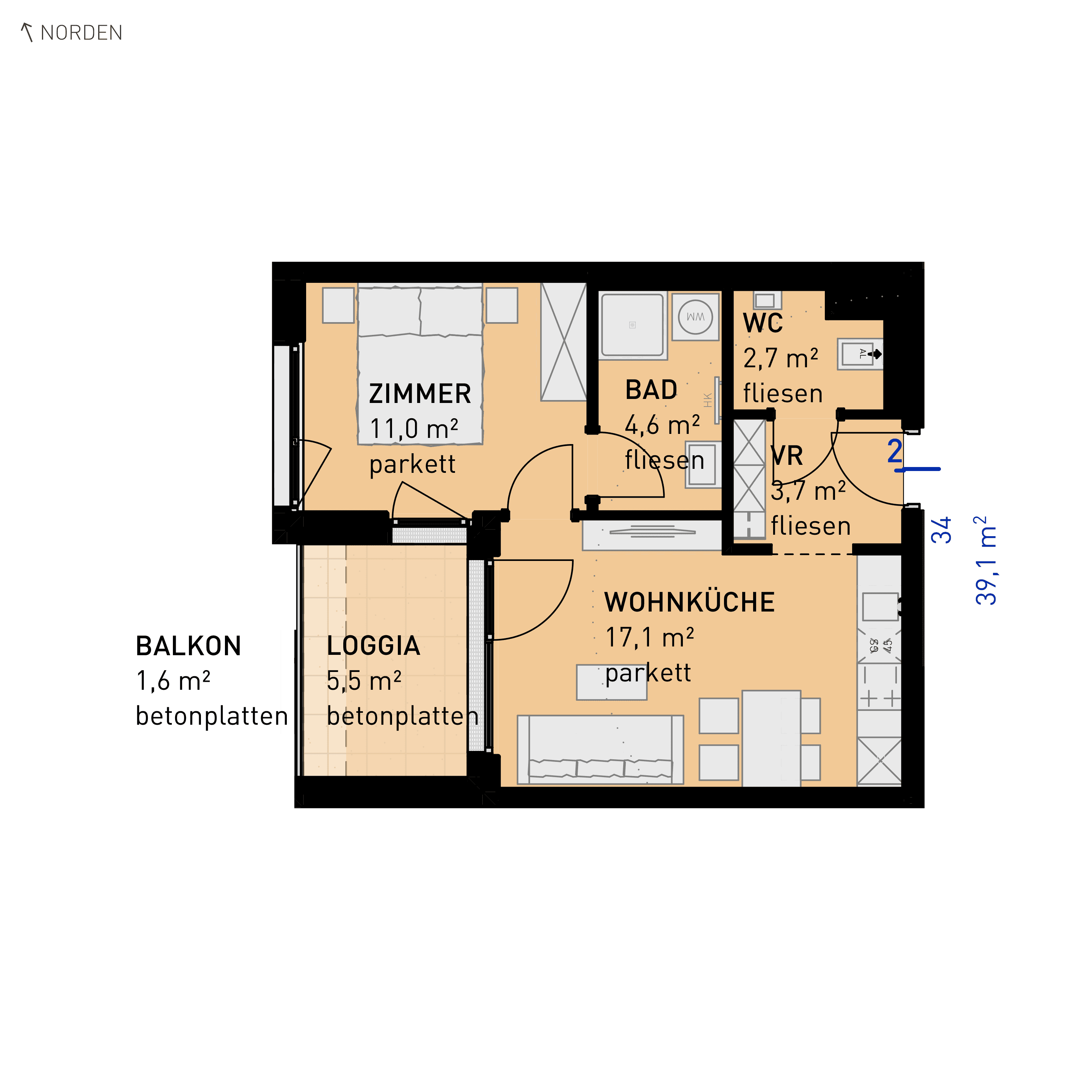Grundriss Top 34 — Wulzendorfstraße 101 — 2 Zimmer — 39,1 m² — 1st floor — N/W