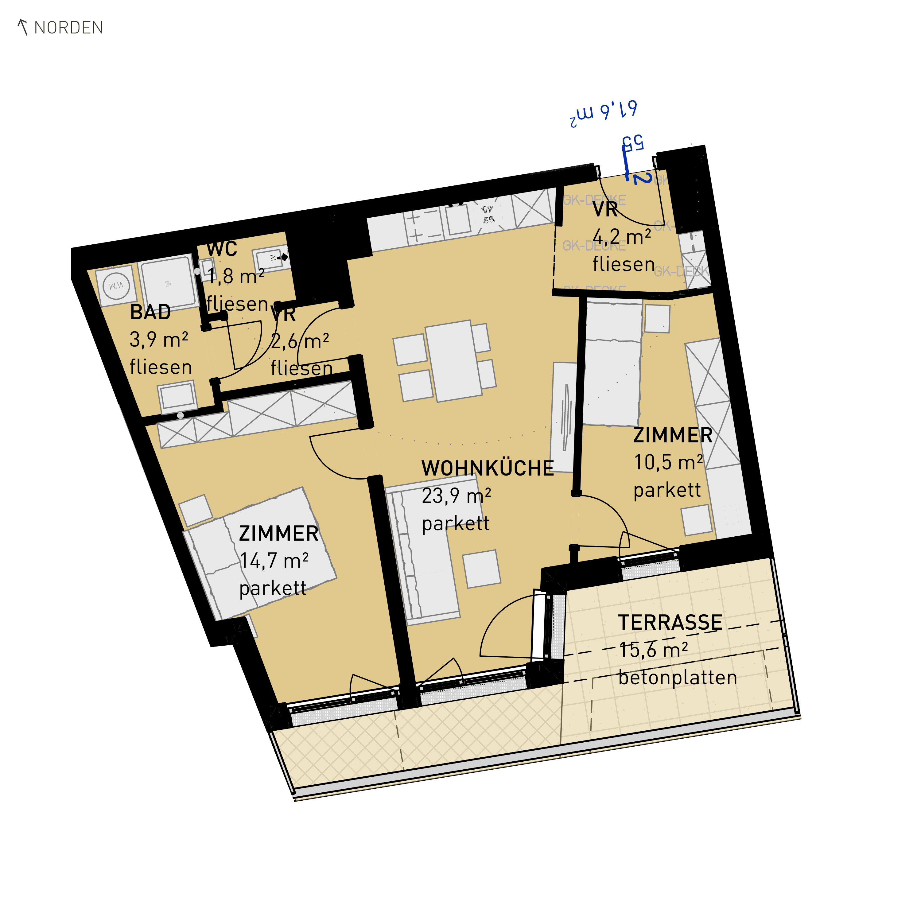 Grundriss Top 55 — Wulzendorfstraße 101 — 3 Zimmer — 61,6 m² — 2nd floor — S