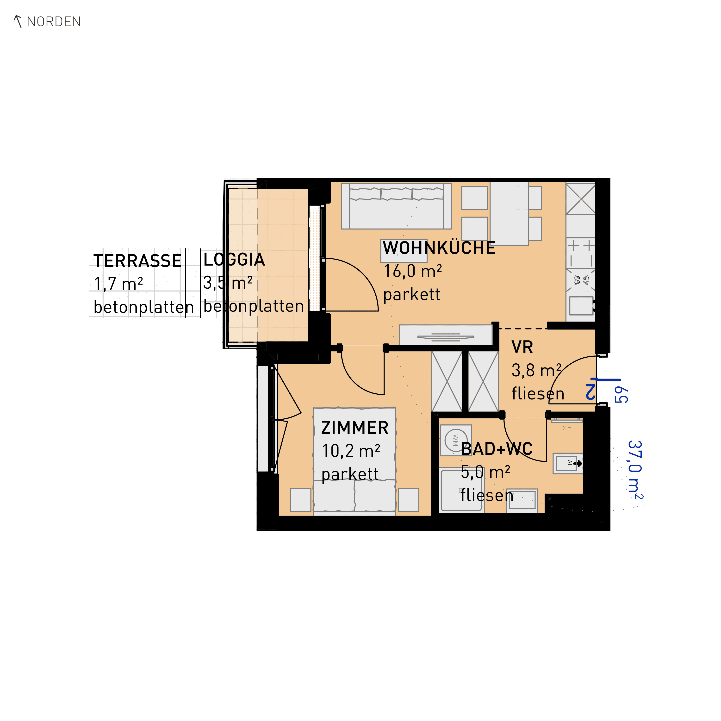 Grundriss Top 59 — Wulzendorfstraße 101 — 2 Zimmer — 35 m² — 2nd floor — N/W