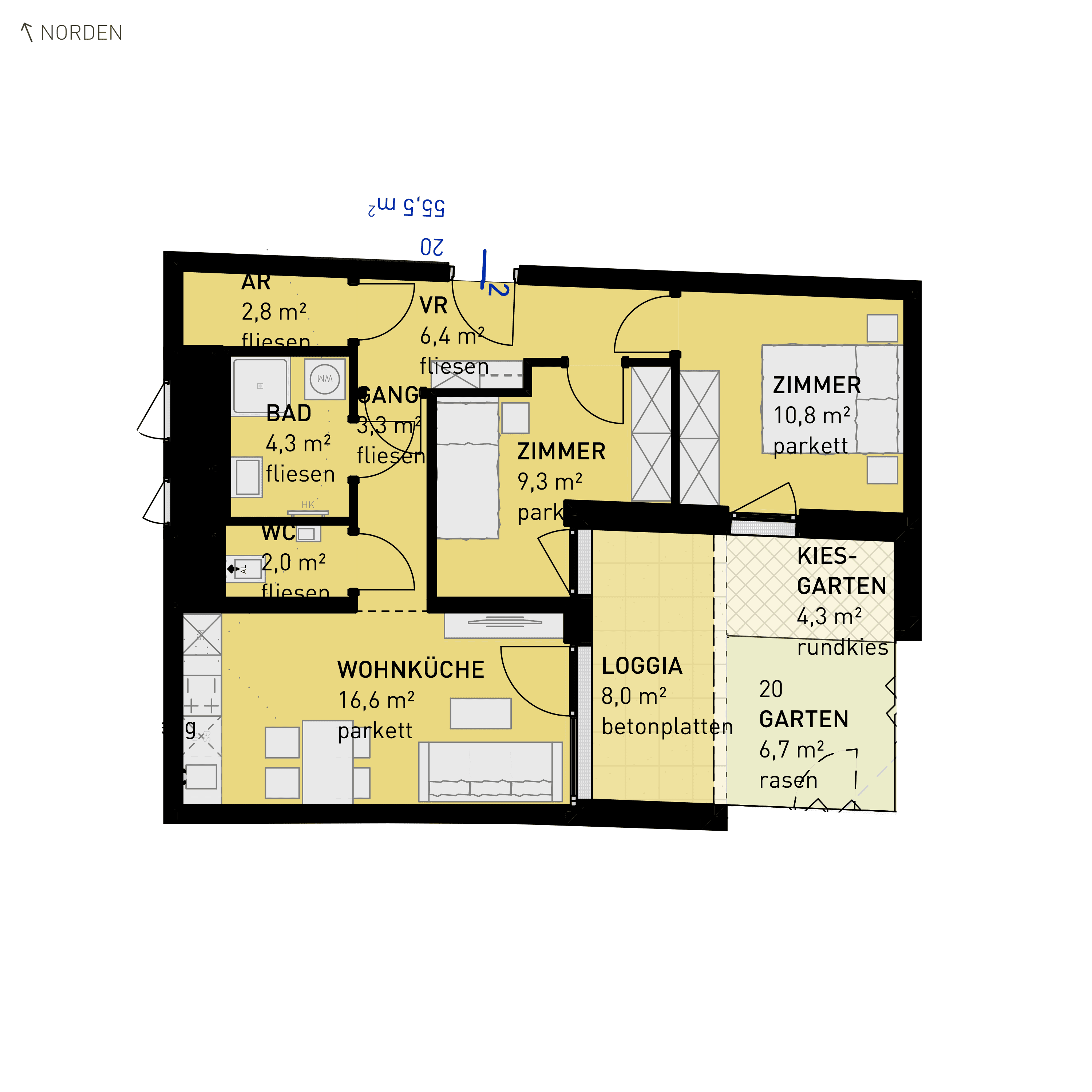 Grundriss Top 20 — Wulzendorfstraße 101 — 3 Zimmer — 55,5 m² — Ground floor — O