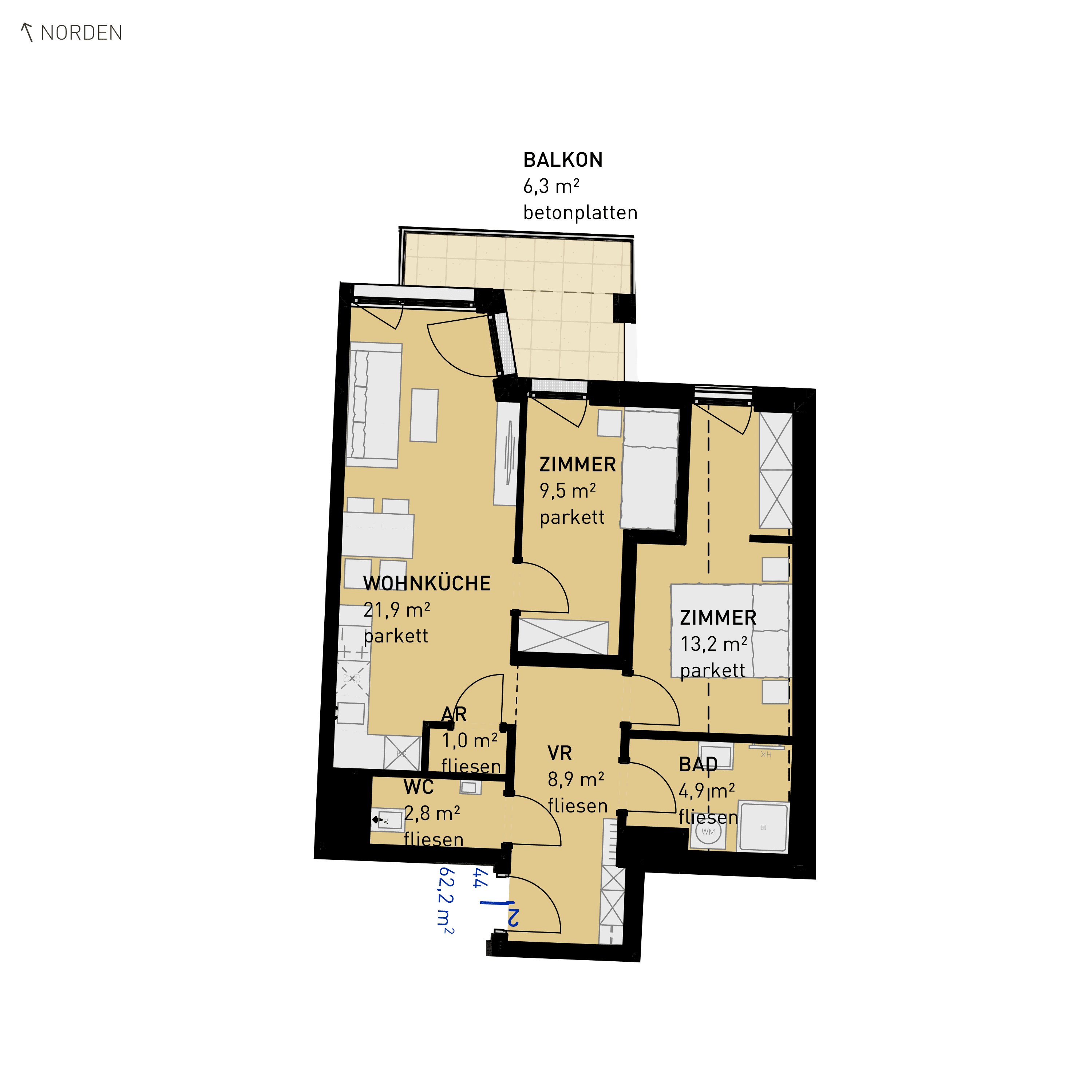 Grundriss Top 44 — Wulzendorfstraße 101 — 3 Zimmer — 62,2 m² — 1st floor — N/O