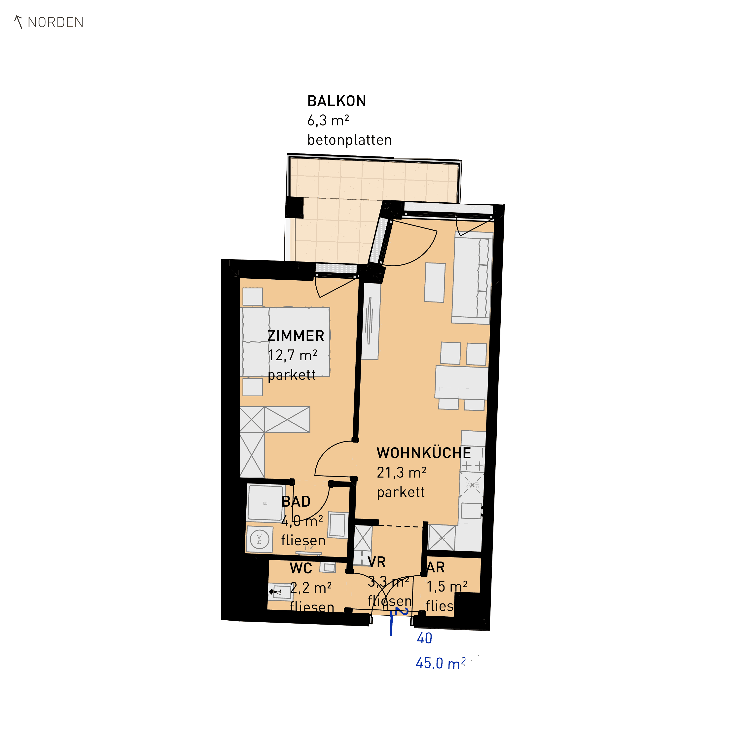 Grundriss Top 40 — Wulzendorfstraße 101 — 2 Zimmer — 45 m² — 1st floor — N/O