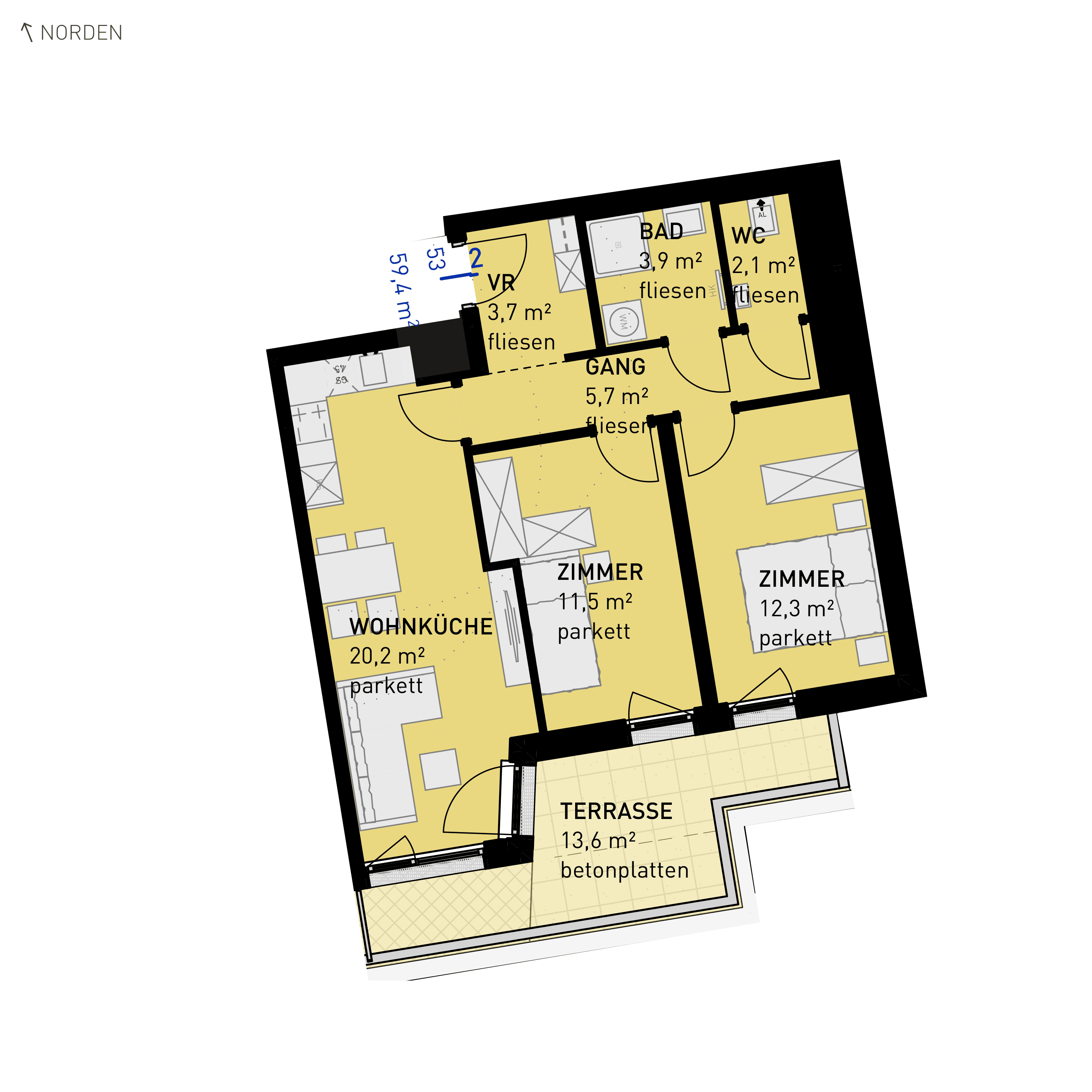 Grundriss Top 53 — Wulzendorfstraße 101 — 3 Zimmer — 59,4 m² — 2nd floor — S