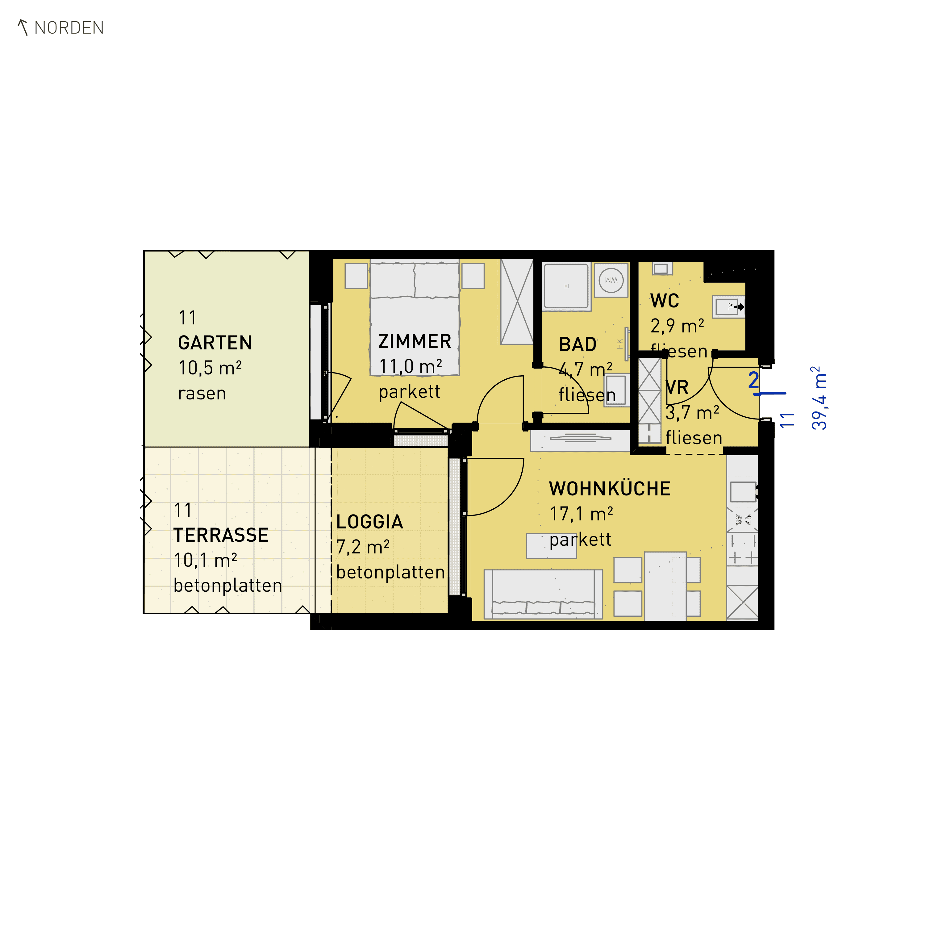 Grundriss Top 11 — Wulzendorfstraße 101 — 2 Zimmer — 39,4 m² — Ground floor — N/W