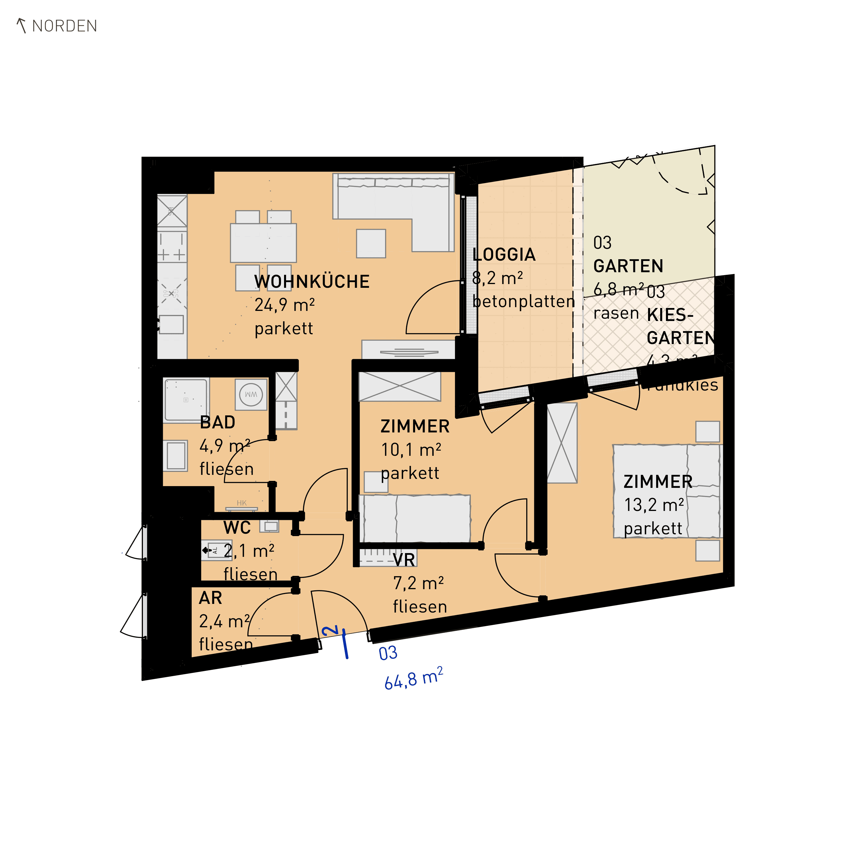 Grundriss Top 03 — Wulzendorfstraße 101 — 3 Zimmer — 64,8 m² — Ground floor — O