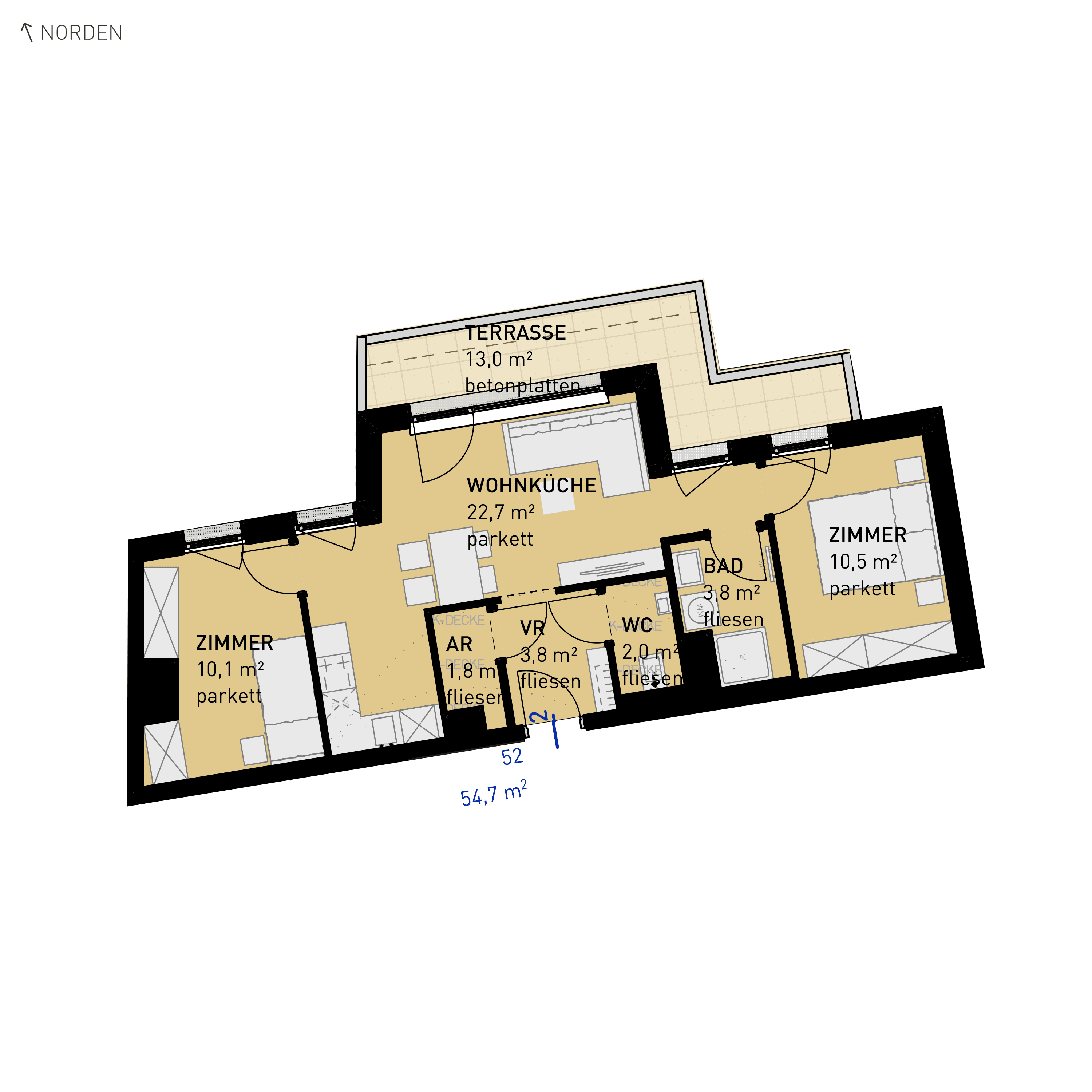 Grundriss Top 52 — Wulzendorfstraße 101 — 3 Zimmer — 54,7 m² — 2nd floor — N