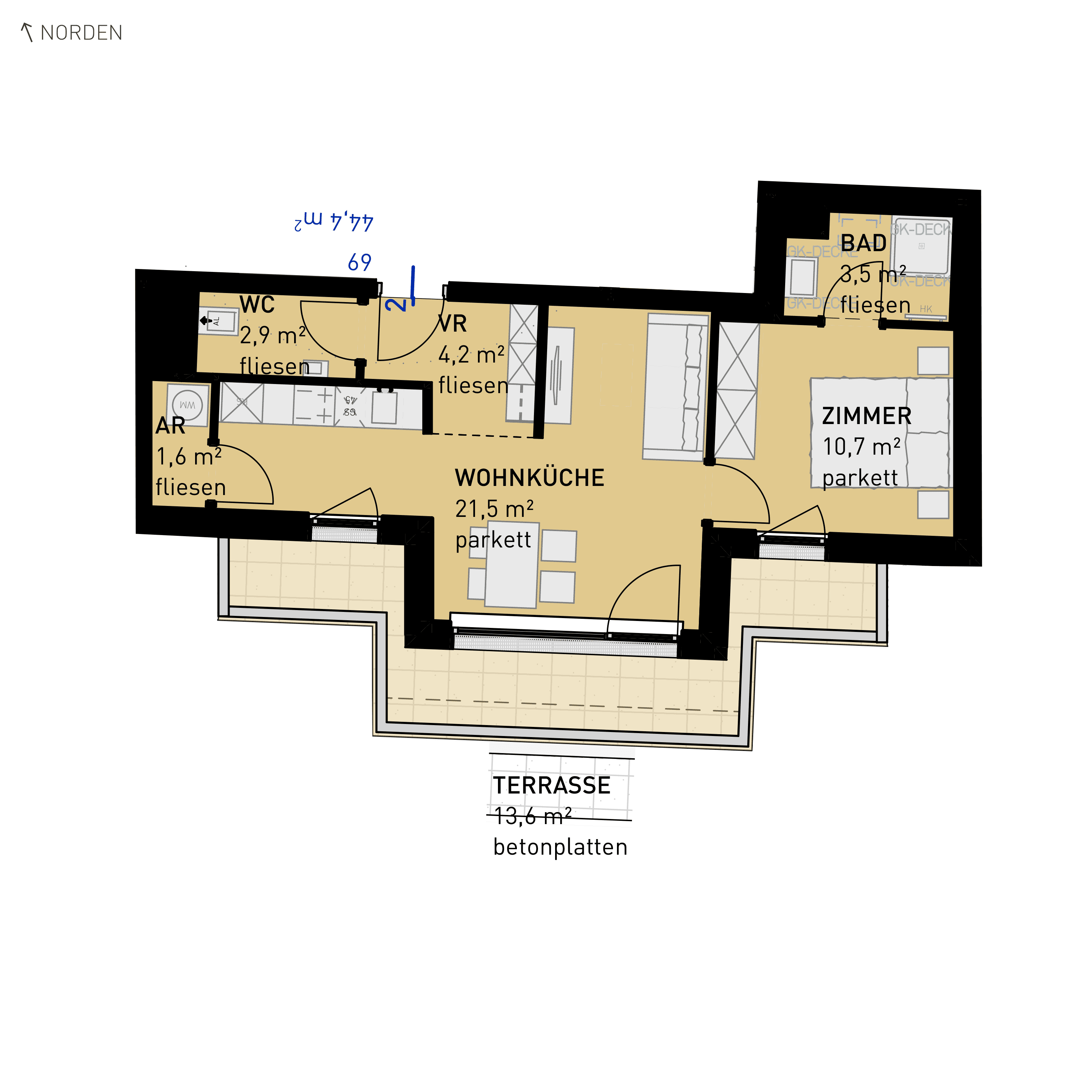 Grundriss Top 69 — Wulzendorfstraße 101 — 2 Zimmer — 44,4 m² — 2nd floor — S/W