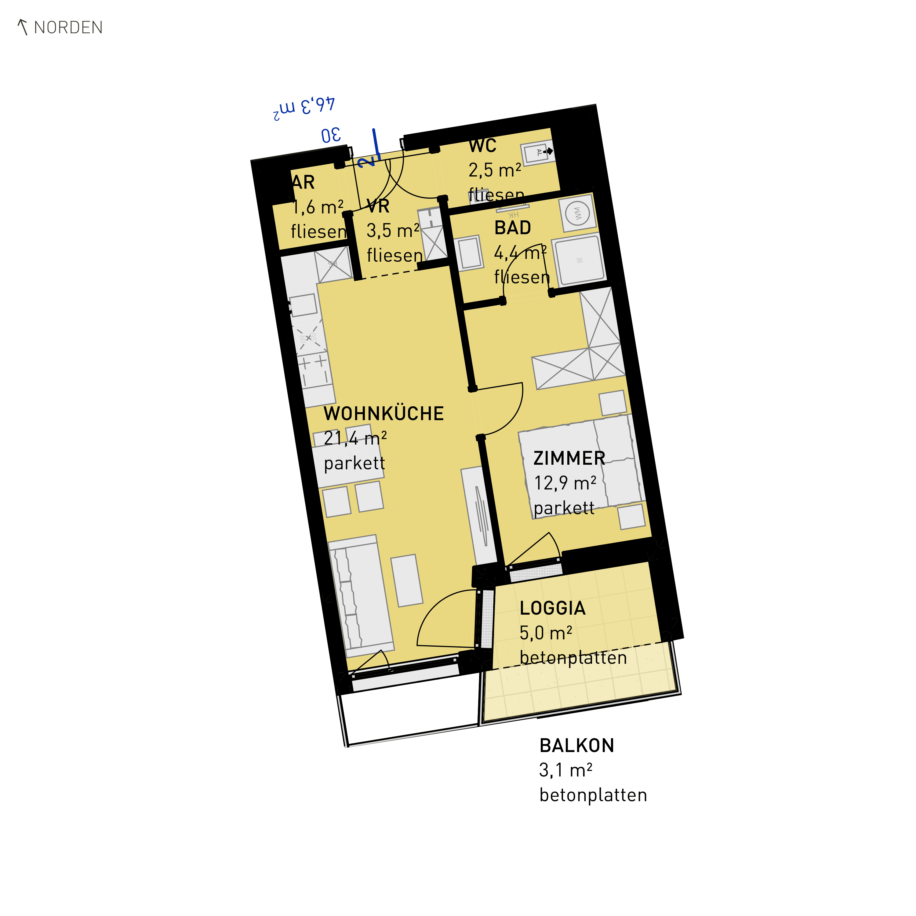 Grundriss Top 30 — Wulzendorfstraße 101 — 2 Zimmer — 46,3 m² — 1st floor — S